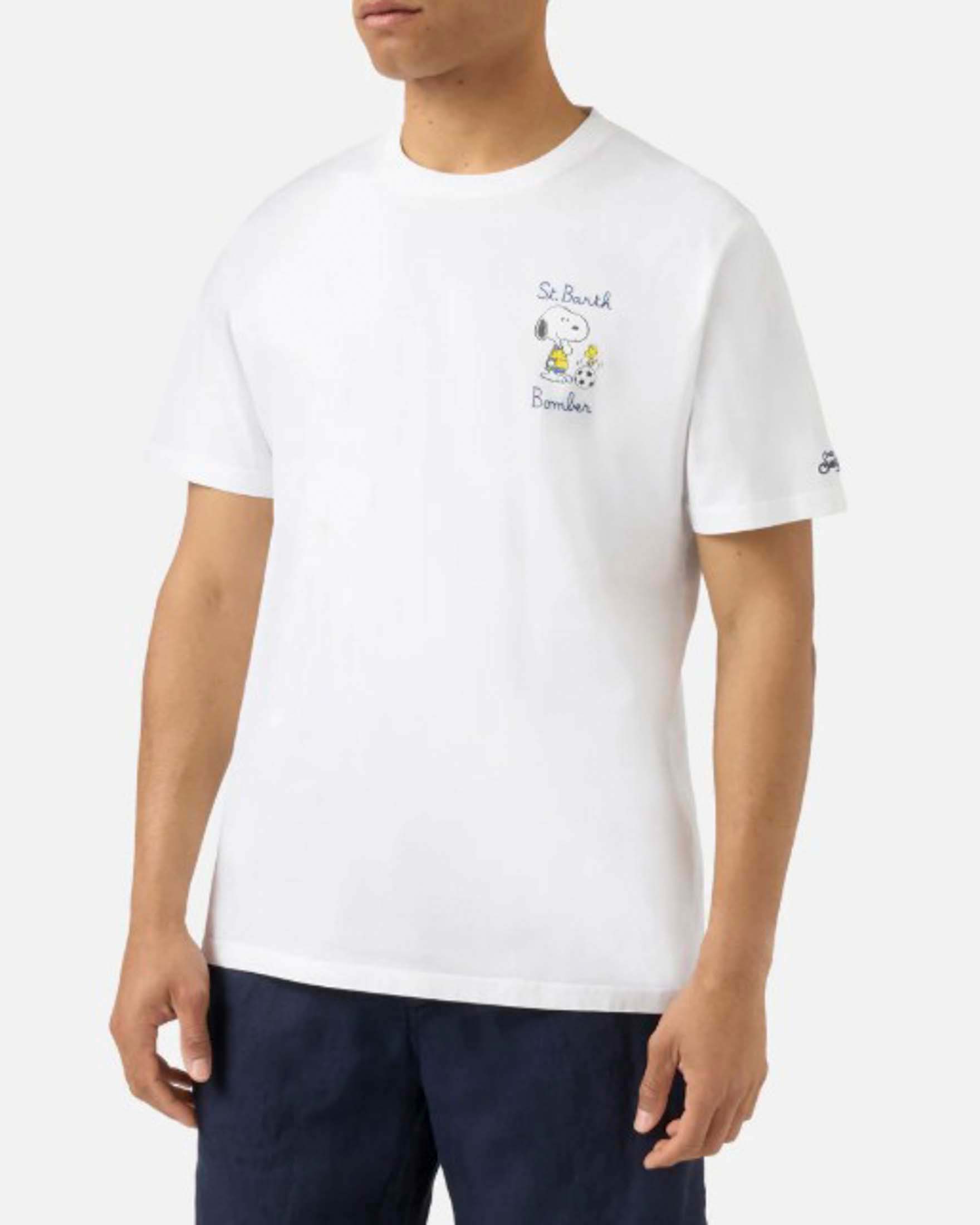 T-shirt MC2 Saint Barth bianca mezza manica con ricamo Snoopy bomber sul petto