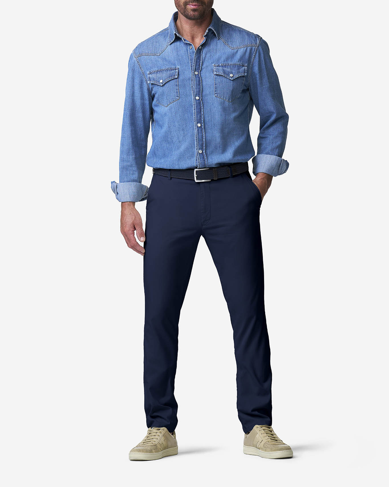 Pantalone Meyer chino Oslo blu in cotone e lyocell stretch micro armatura drop 6