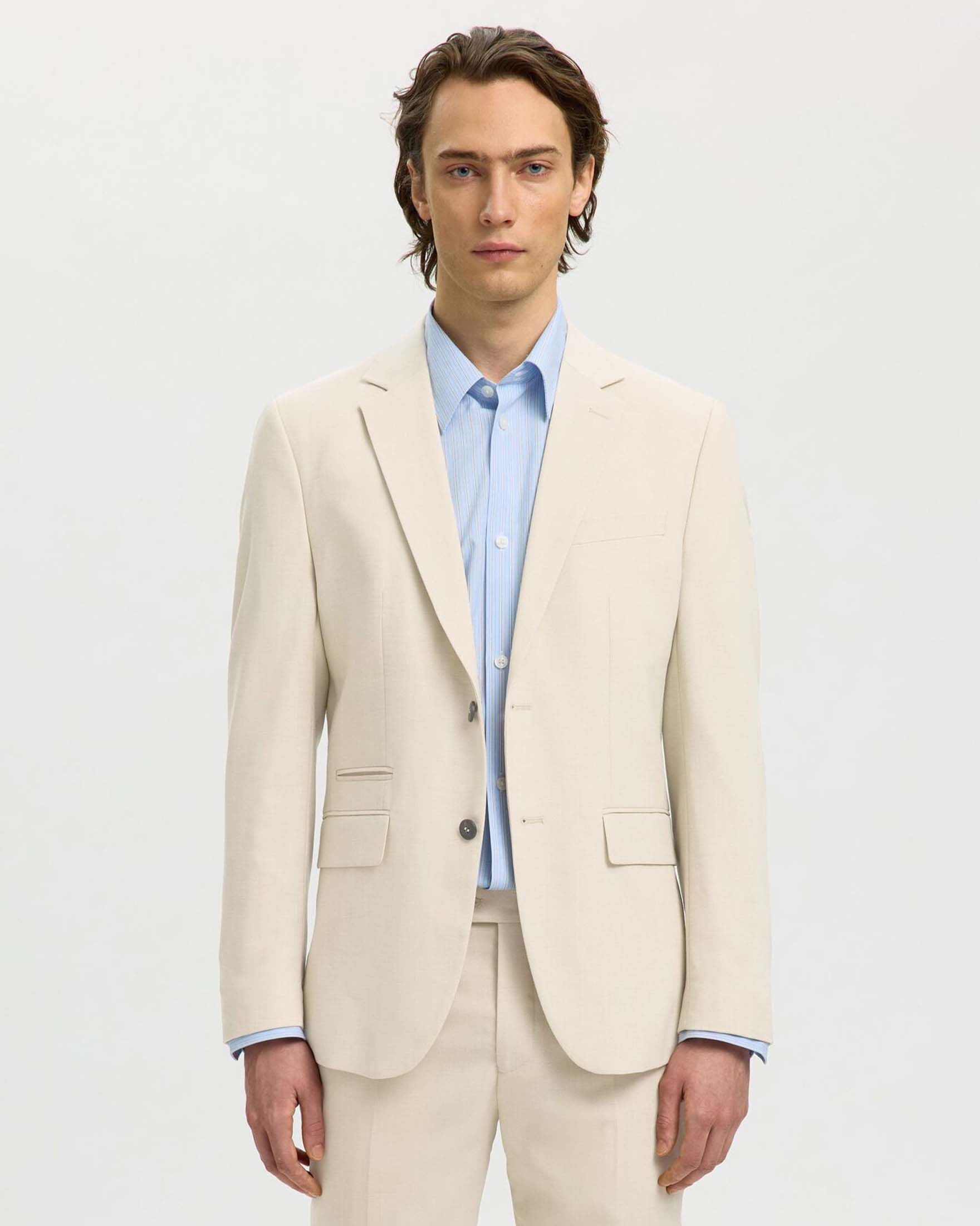 Blazer Selected beige in tessuto armaturato di misto lana stretch con chiusura monopetto