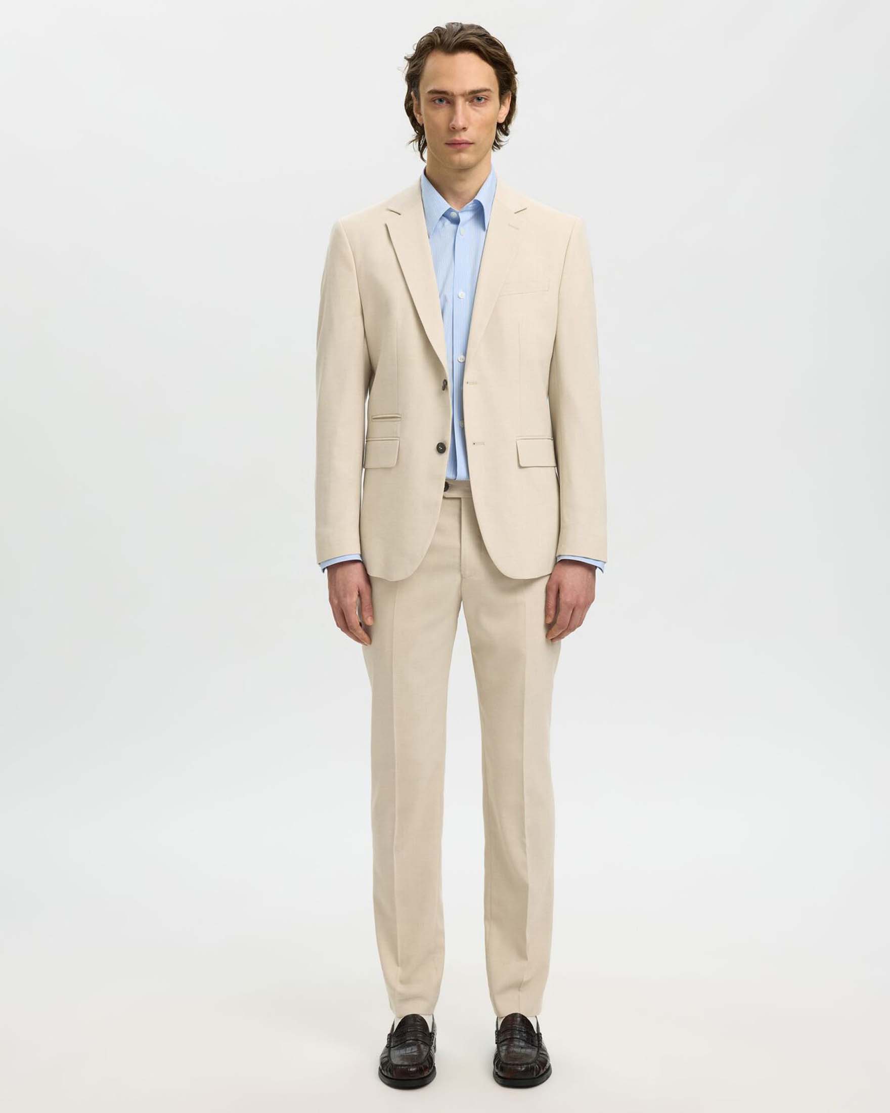Pantaloni slim Selected Homme beige in tela di misto lana stretch microarmatura image