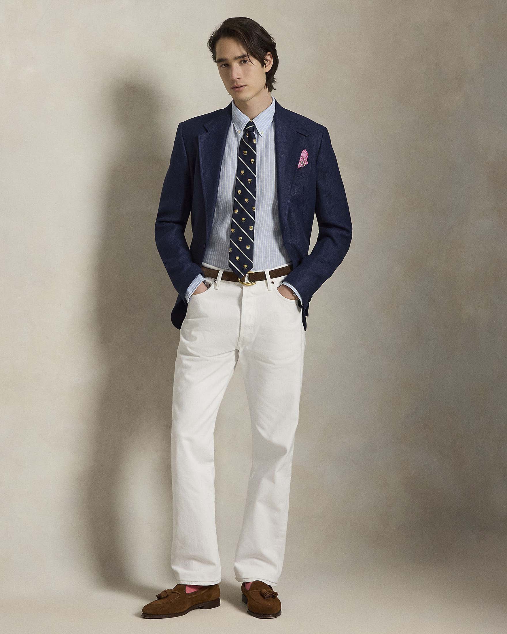 Camicia custom-fit a righe bianche e celesti in popeline di cotone con colletto button-down