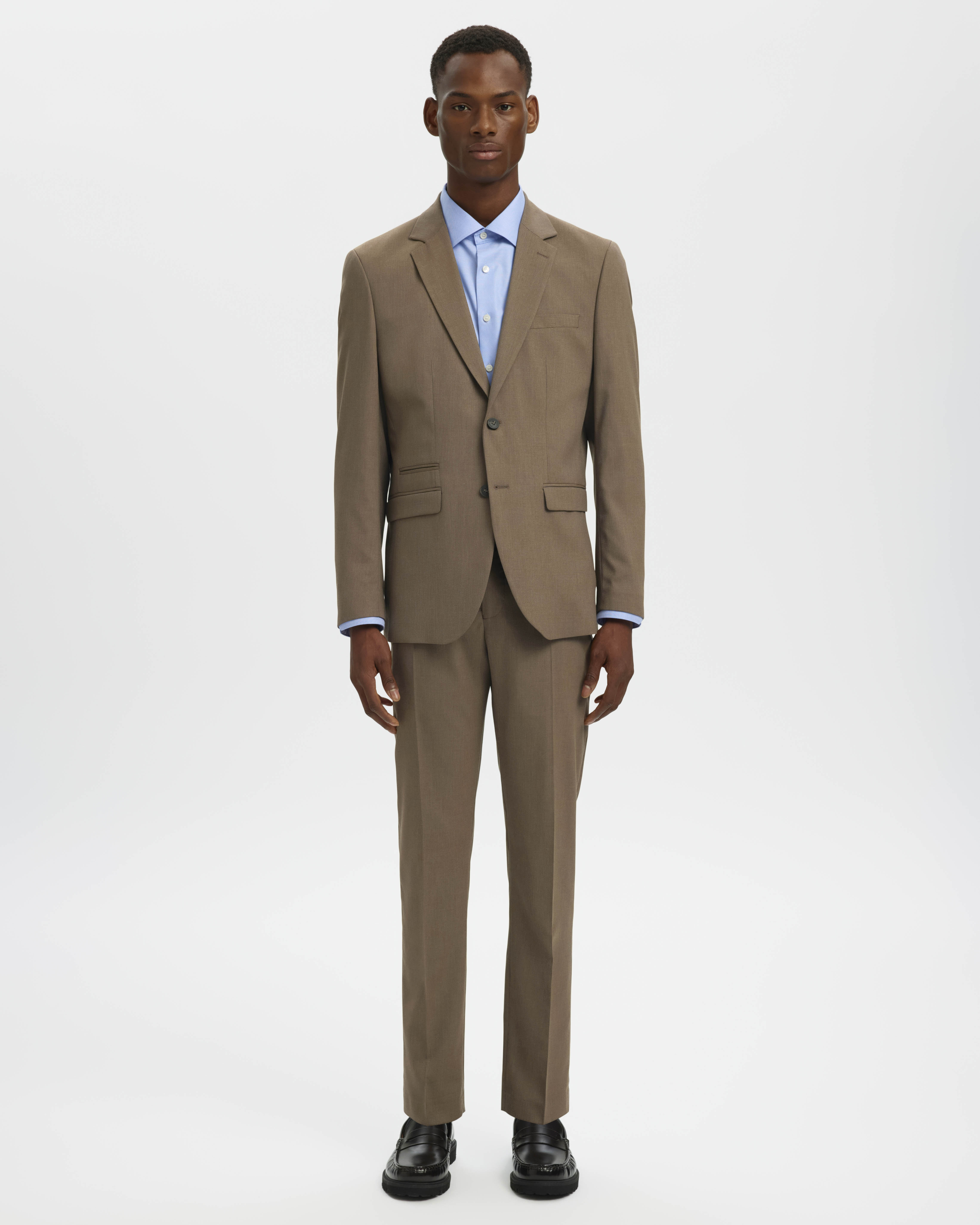 Blazer Selected Homme color fango in tessuto armaturato di misto lana stretch con chiusura monopetto image