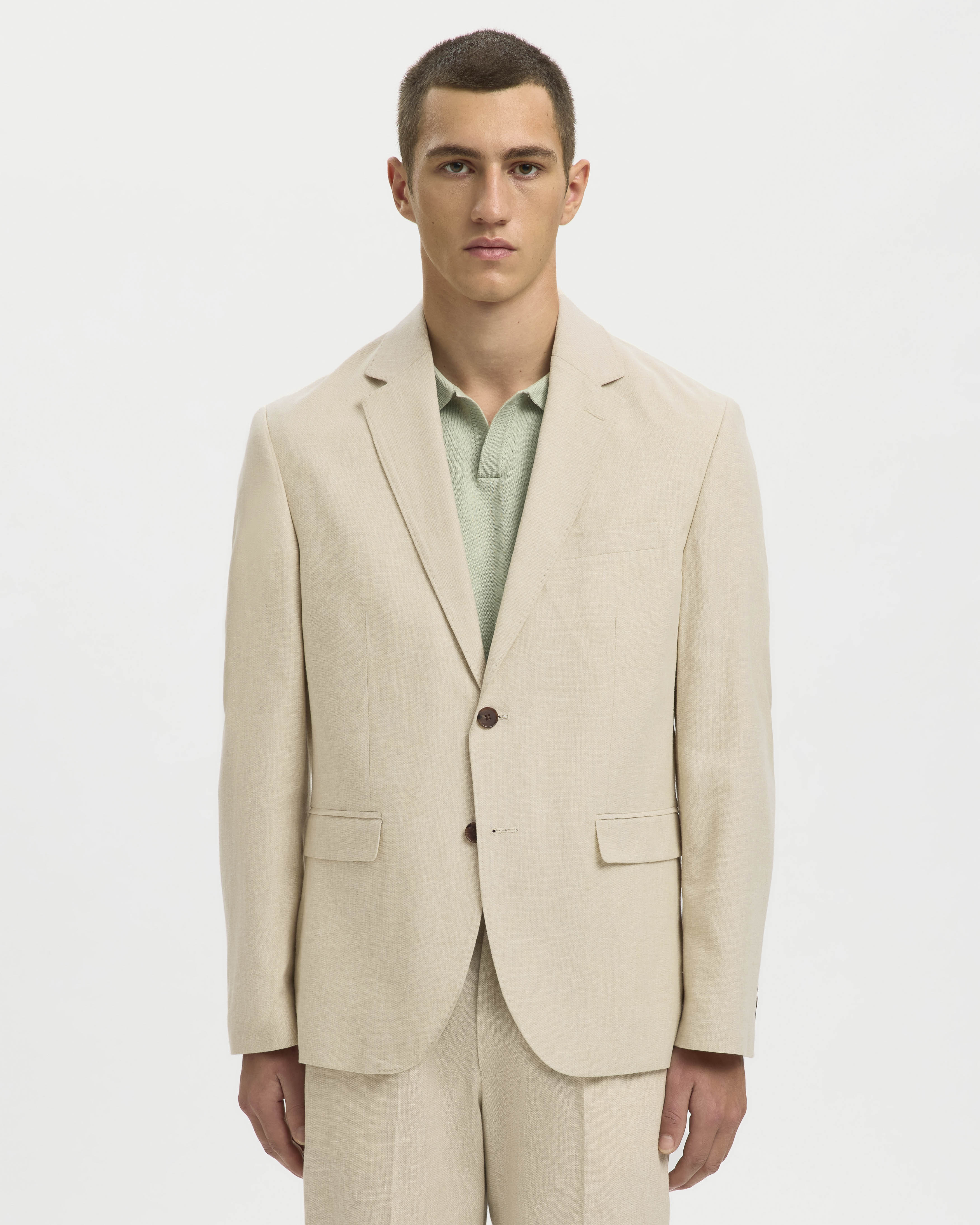 Blazer Selected Homme beige in tessuto di misto lino e cotone con chiusura monopetto