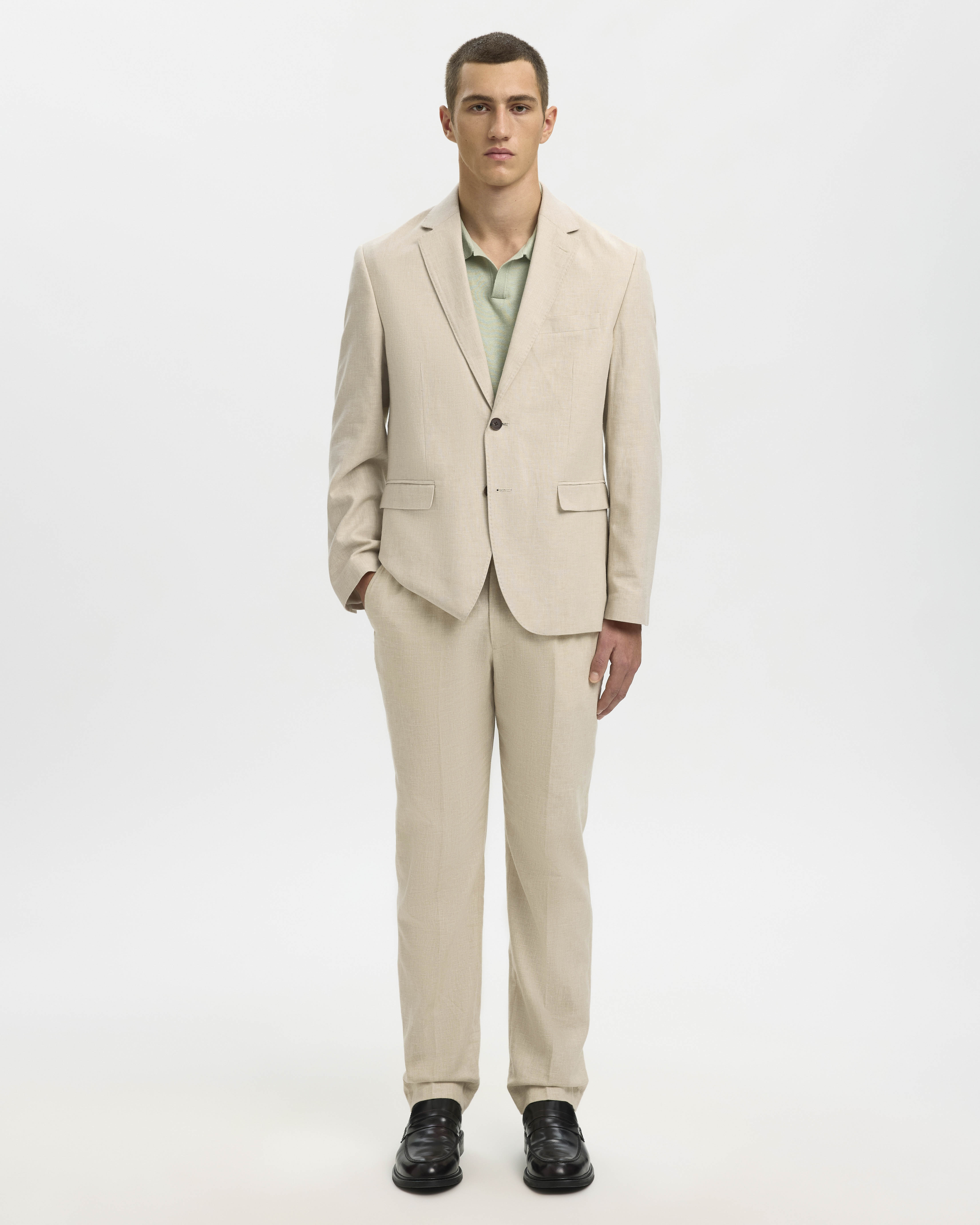 Blazer Selected Homme beige in tessuto di misto lino e cotone con chiusura monopetto image