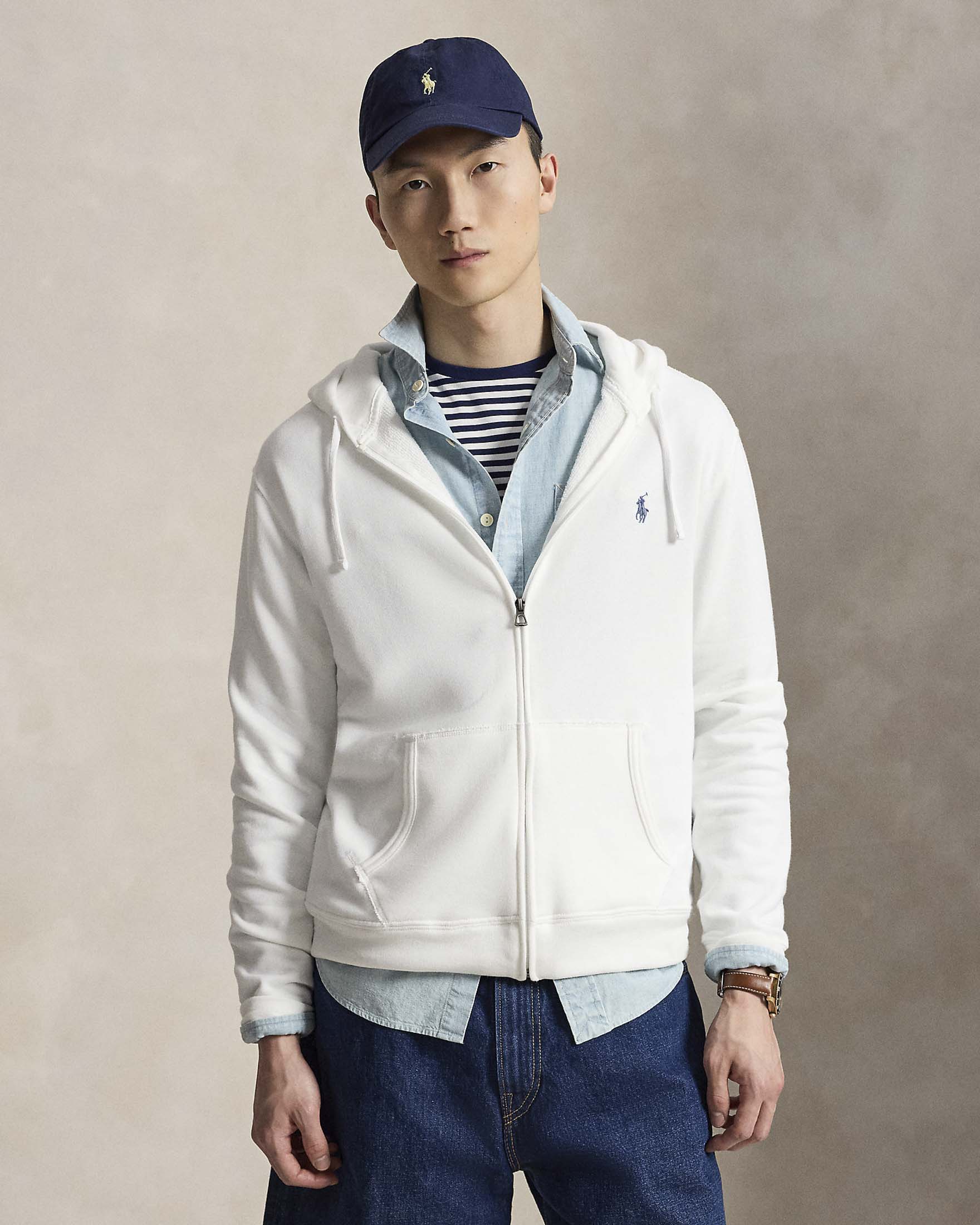 Felpa Polo Ralph Lauren bianca con cappuccio e chiusura zip in puro cotone