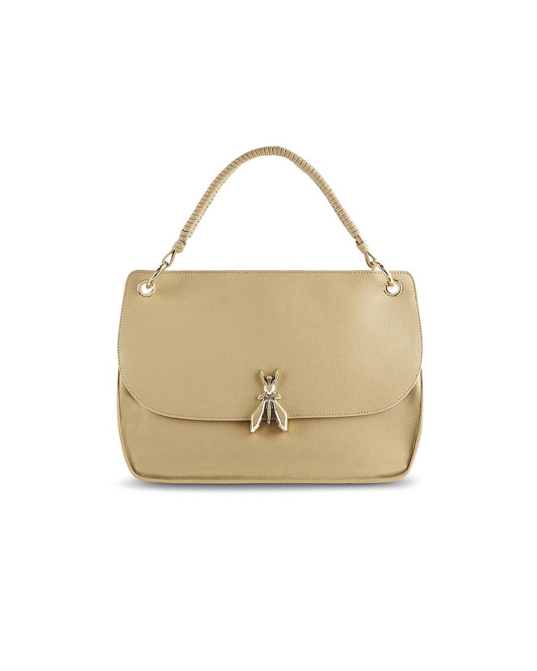 Borsa a spalla Soft Essential Fly Round Shape Patrizia Pepe color sabbia in pelle con fibbia logo Fly