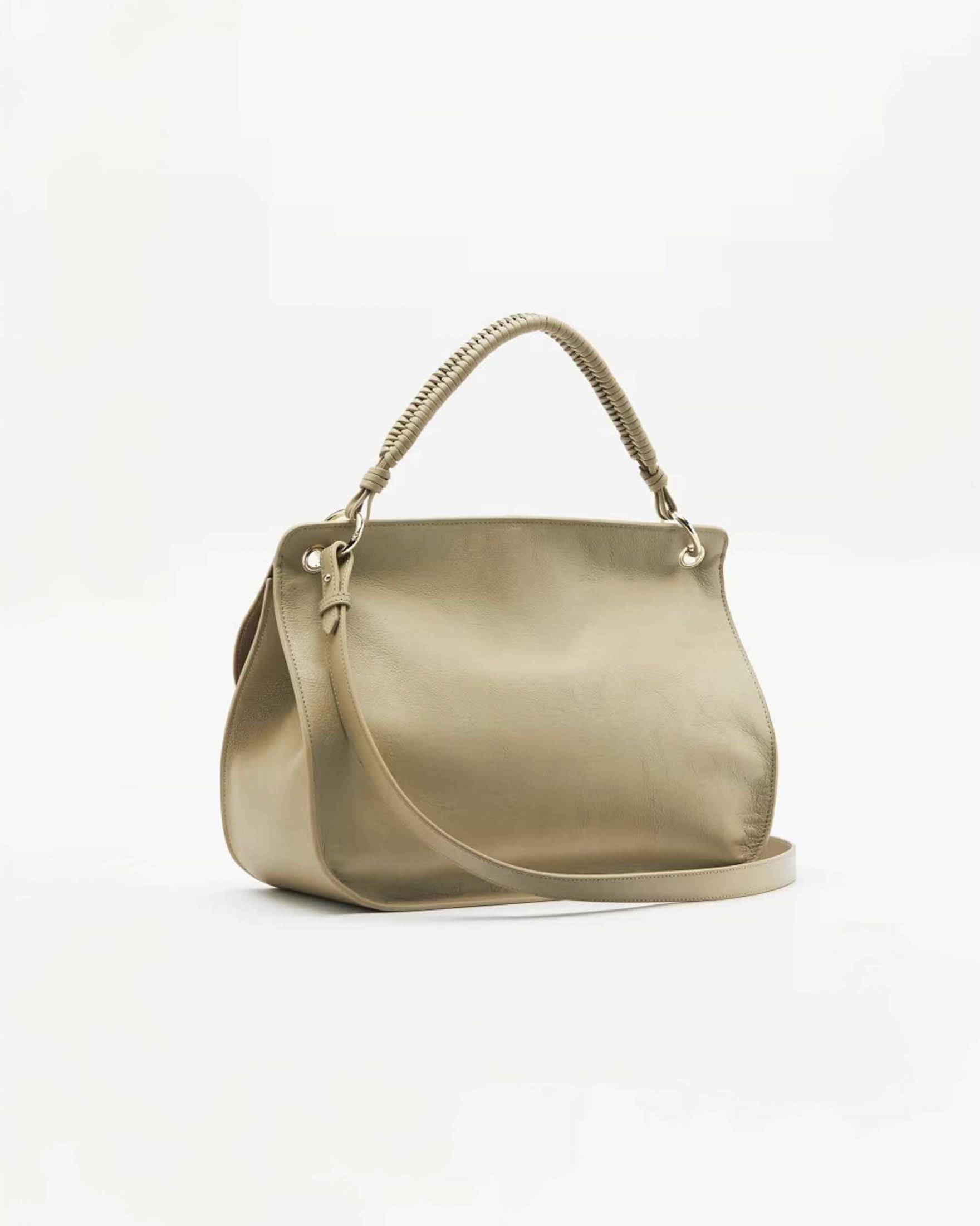 Borsa a spalla Soft Essential Fly Round Shape Patrizia Pepe color sabbia in pelle con fibbia logo Fly