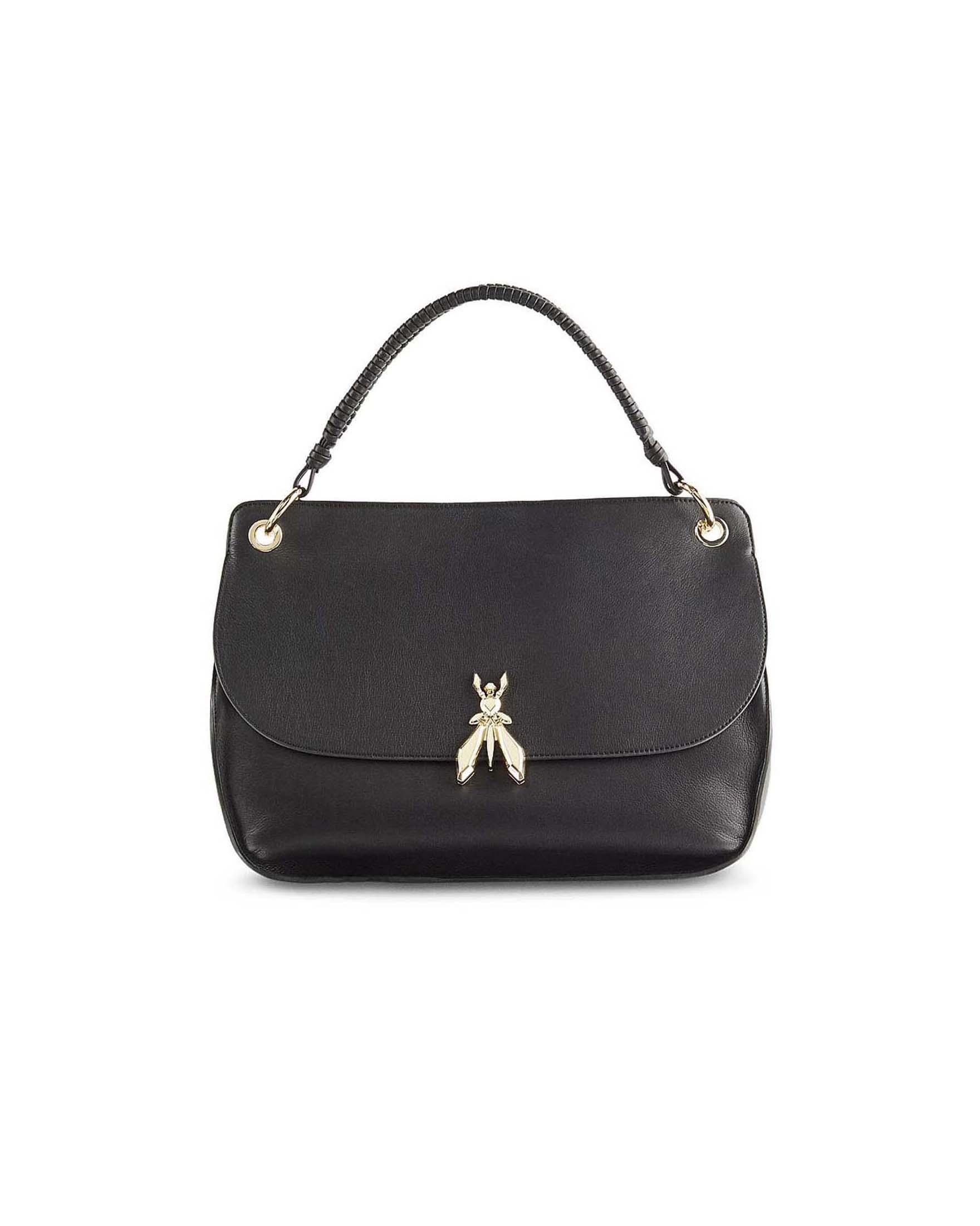 Borsa a spalla Soft Essential Fly Round Shape Patrizia Pepe nera in pelle con fibbia logo Fly