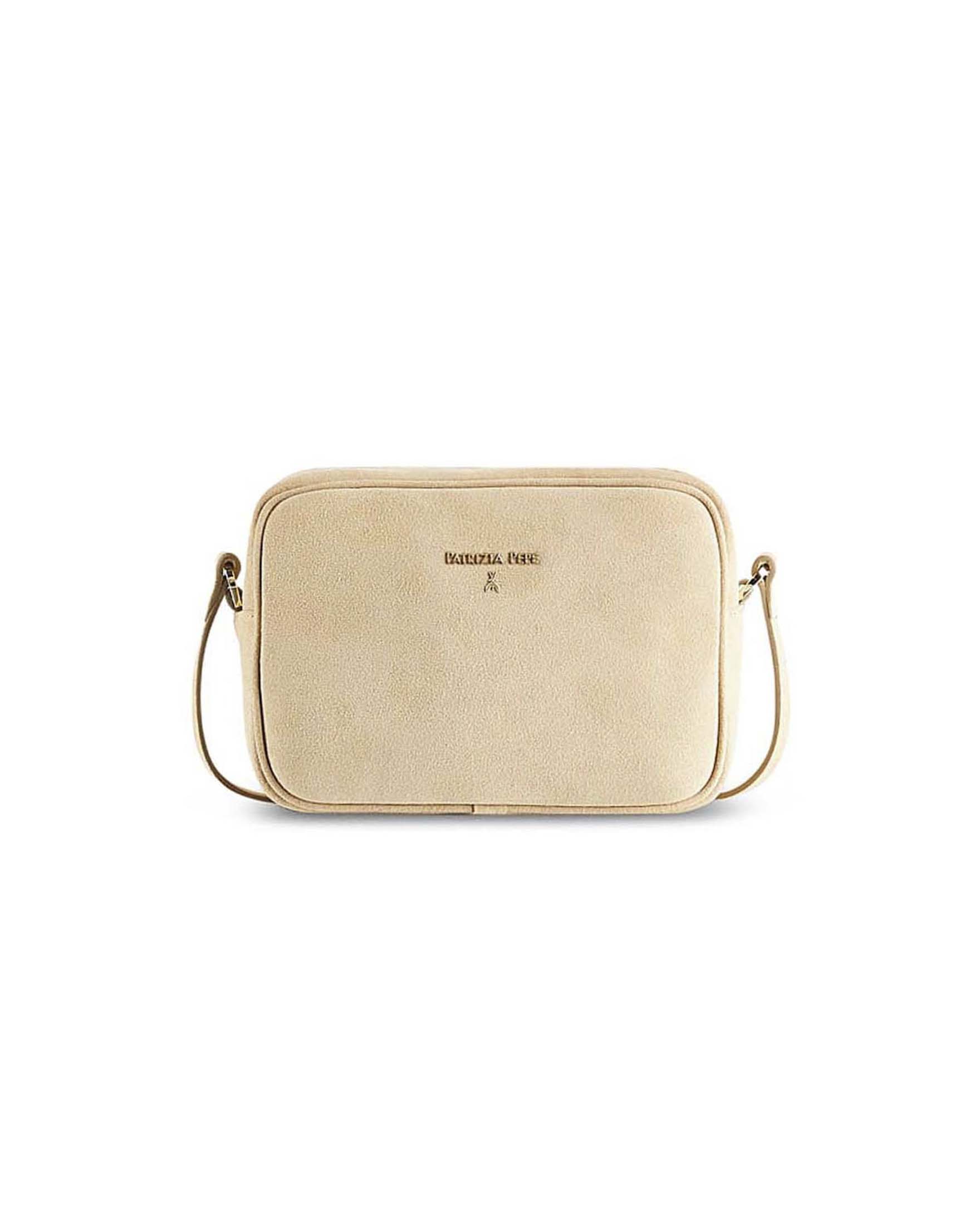 Borsa Camera Case Patrizia Pepe beige in suede con tracolla regolabile e lettering logo dorato