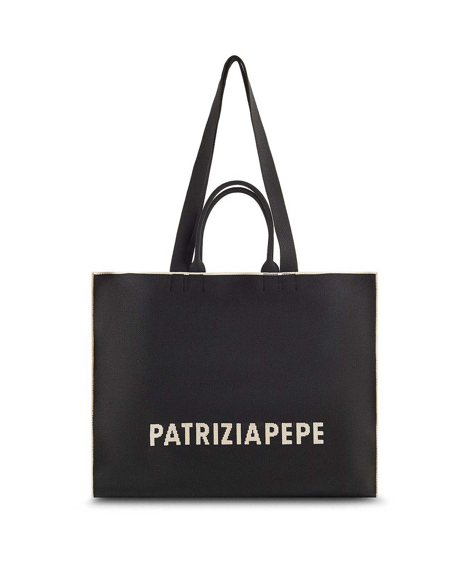Tote bag In the City Patrizia Pepe in tessuto jacquard nera con lettering logo ricamato a contrasto