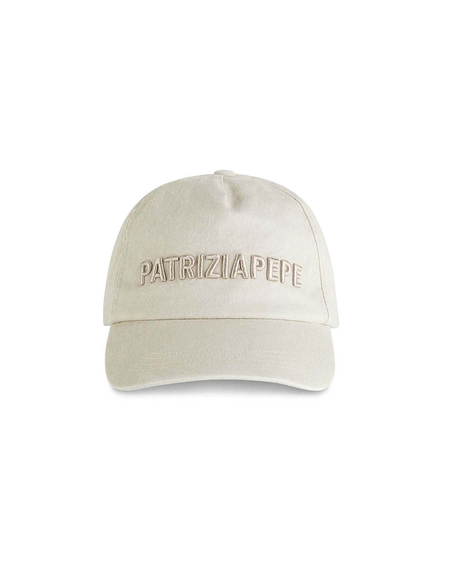 Cappellino beige in cotone con logo ricamato sul frontino tono su tono
