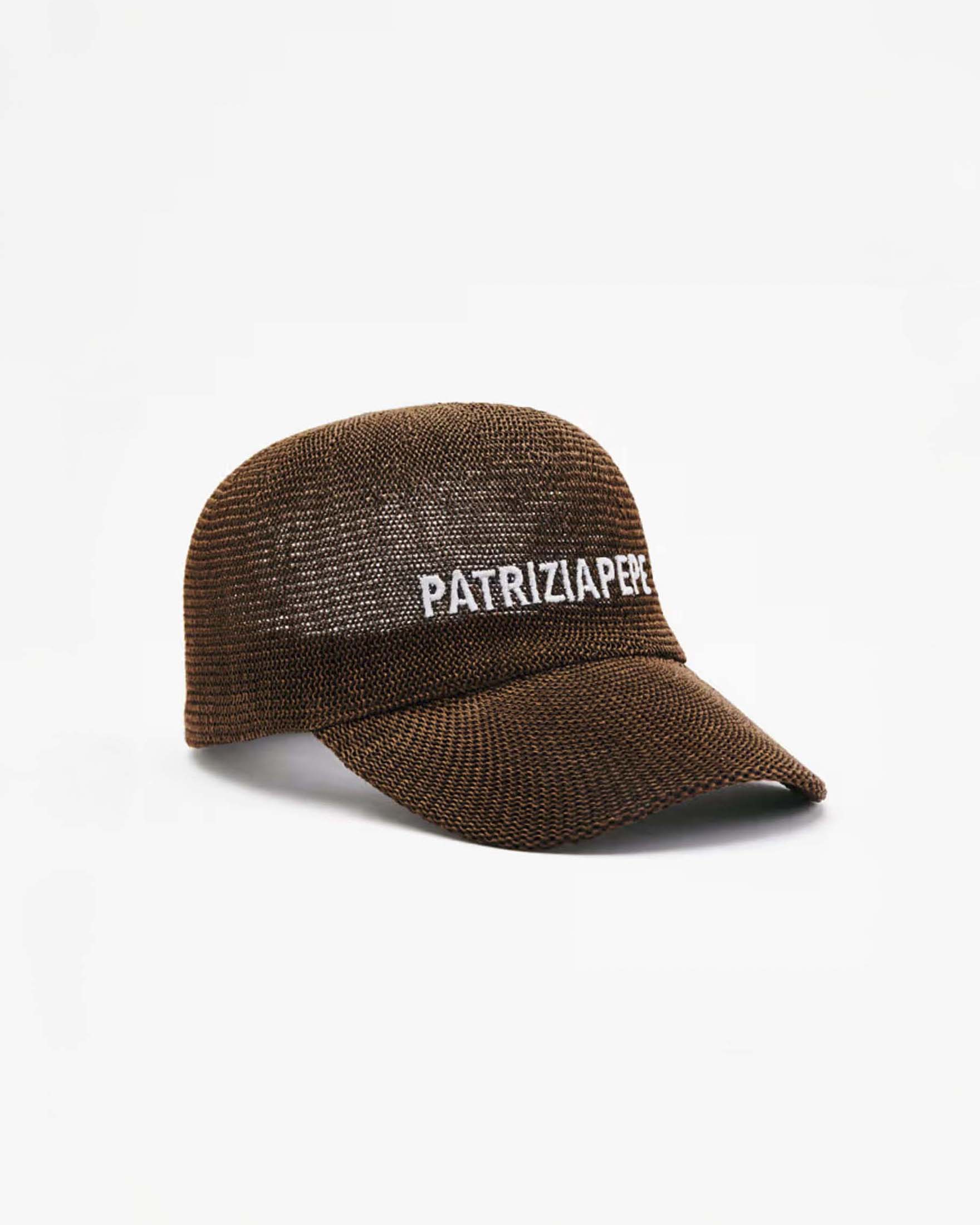 Cappellino marrone Patrizia Pepe in carta tessile con logo ricamato a contrasto