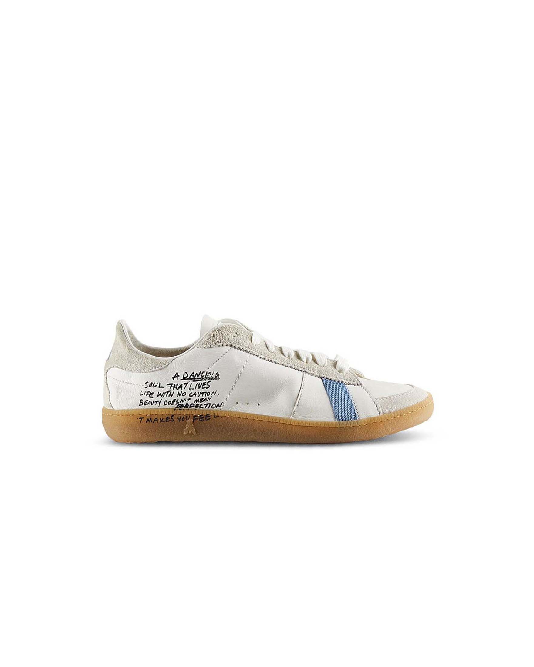Sneakers SKIN bianche in nappa con dettagli suede e gros grain azzurro