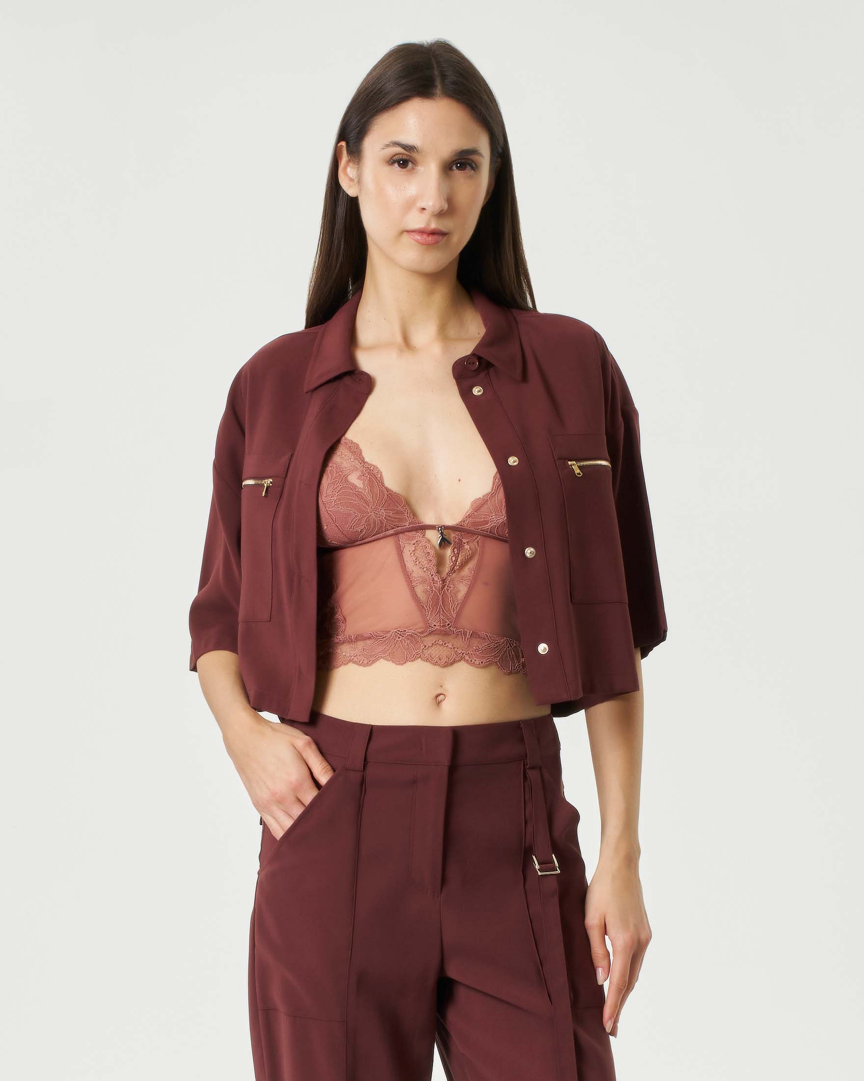 Bralette color terracotta in tulle e pizzo stretch con scollo caraco e logo Fly