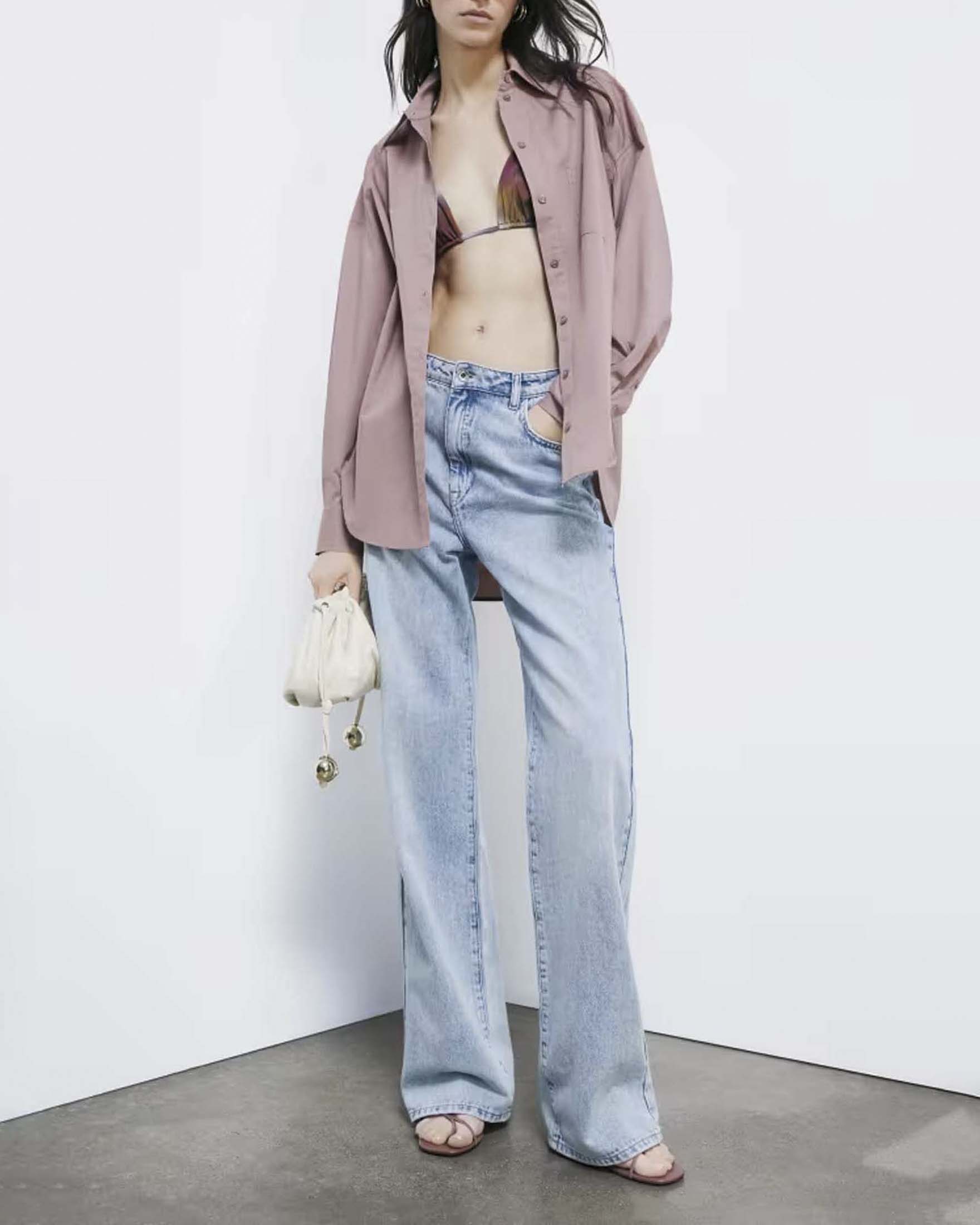 Camicia oversize terracotta in popeline di cotone con maxi logo sul retro