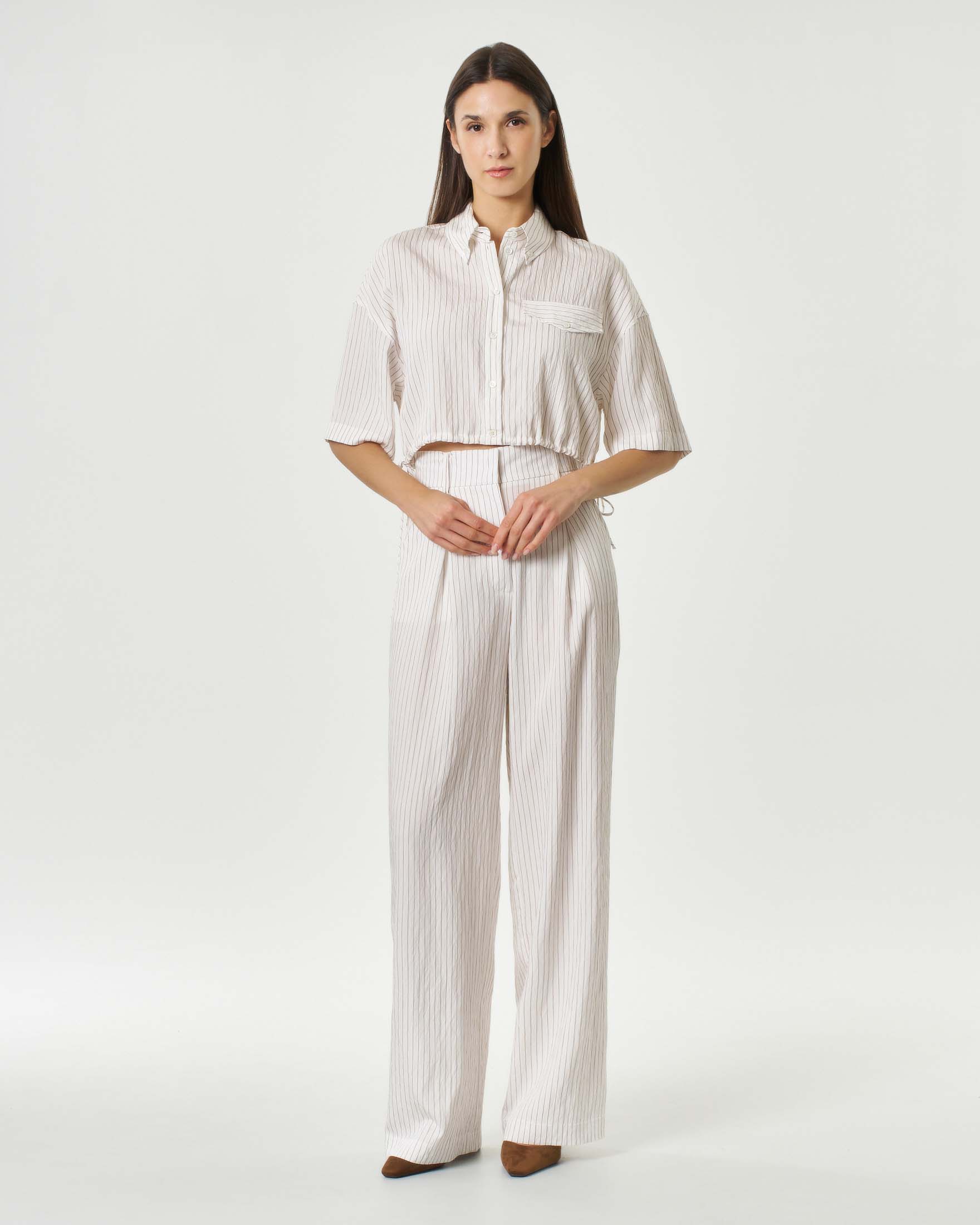 Pantaloni palazzo Patrizia Pepe bianchi gessati in misto viscosa con ricamo Fly Patch