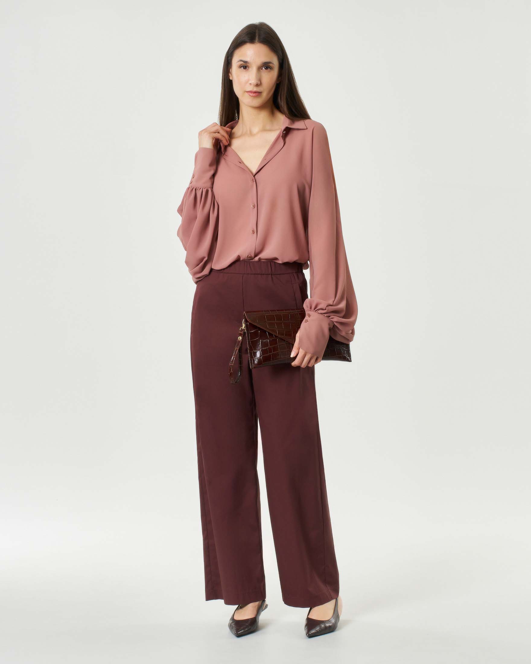 Pantaloni straight a vita alta bordeaux in popeline di cotone stretch con gamba larga