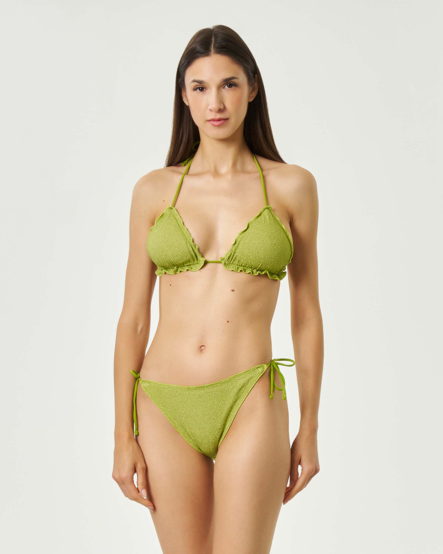Bikini due pezzi 4Giveness lime in viscosa e lurex con top a triangolo e slip classico con laccetti
