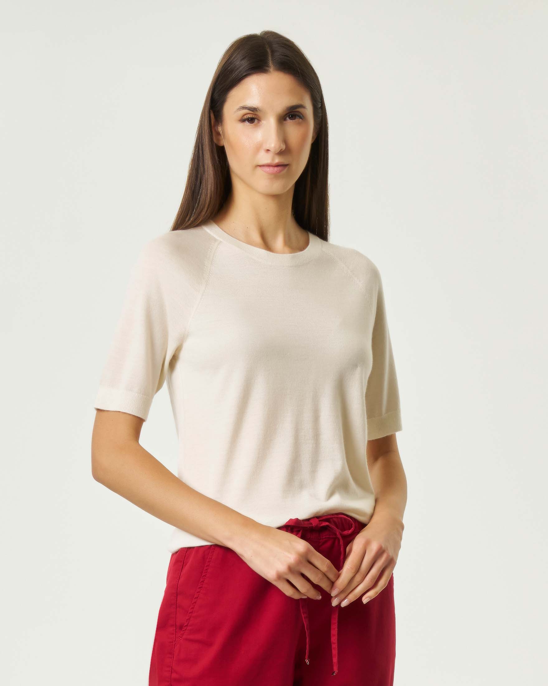Maglia bianca MM Max Mara a maniche corte in misto lana e cashmere a girocollo