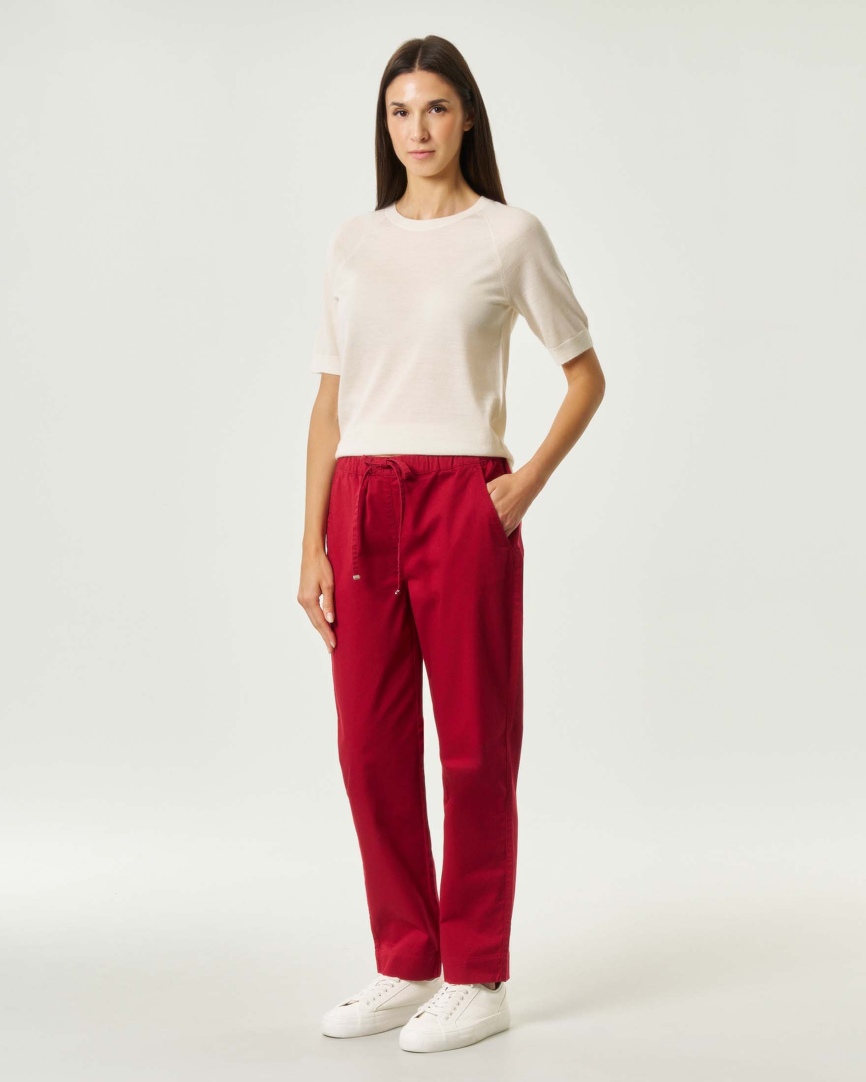 Jogger rossi MM Max Mara in drill di cotone stretch con coulisse in vita