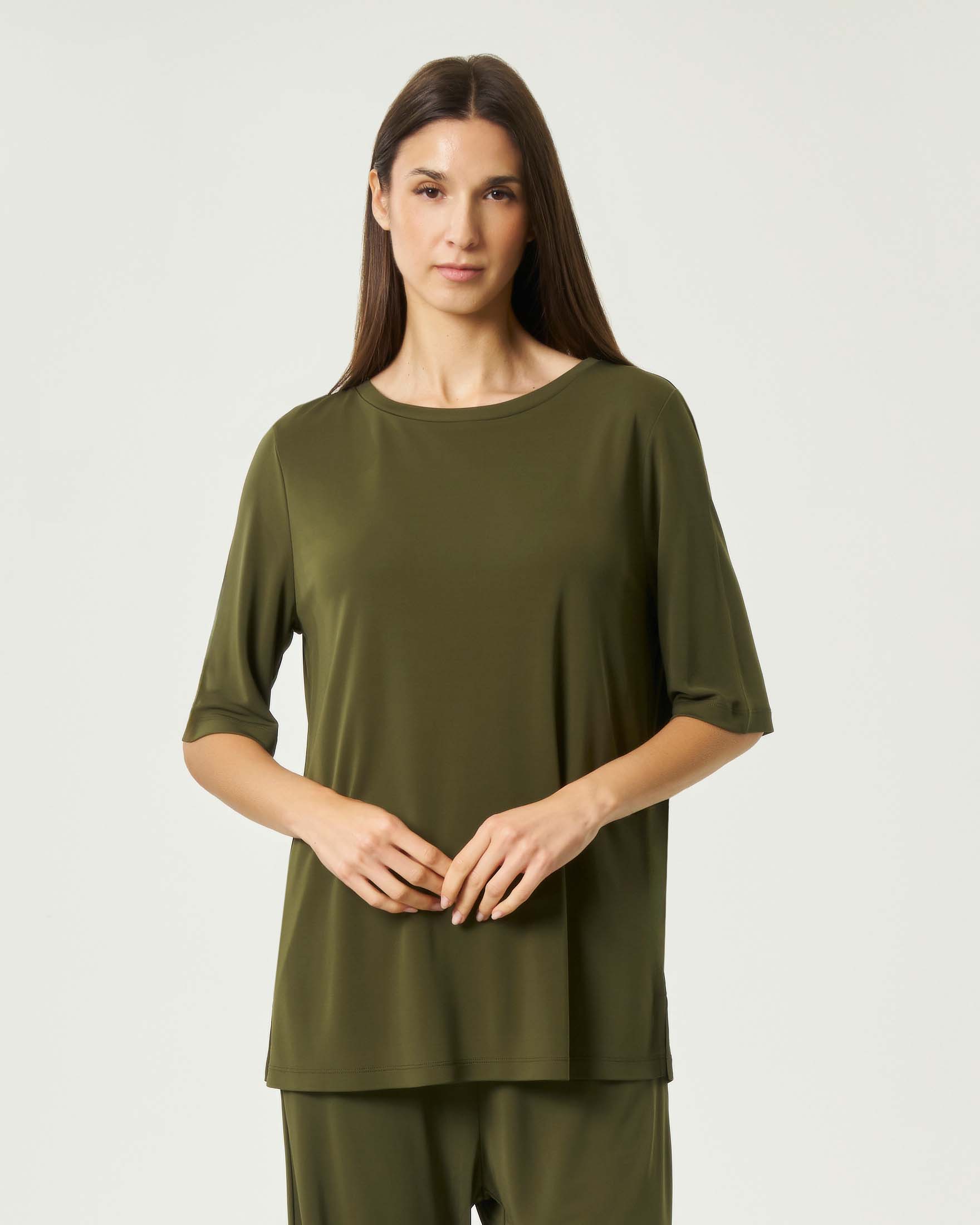 Maglia girocollo MM Max Mara militare in viscosa stretch con maniche a tre quarti