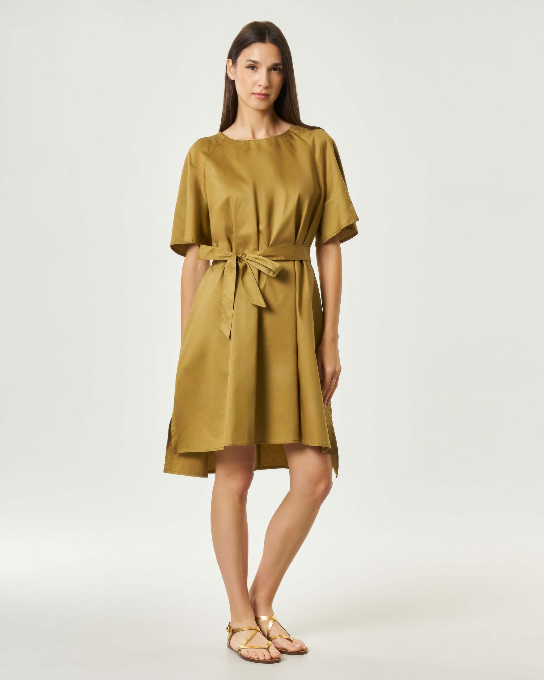 Vestito corto a mezze maniche Milla militare in puro cotone con gonna svasata e cintura in vita