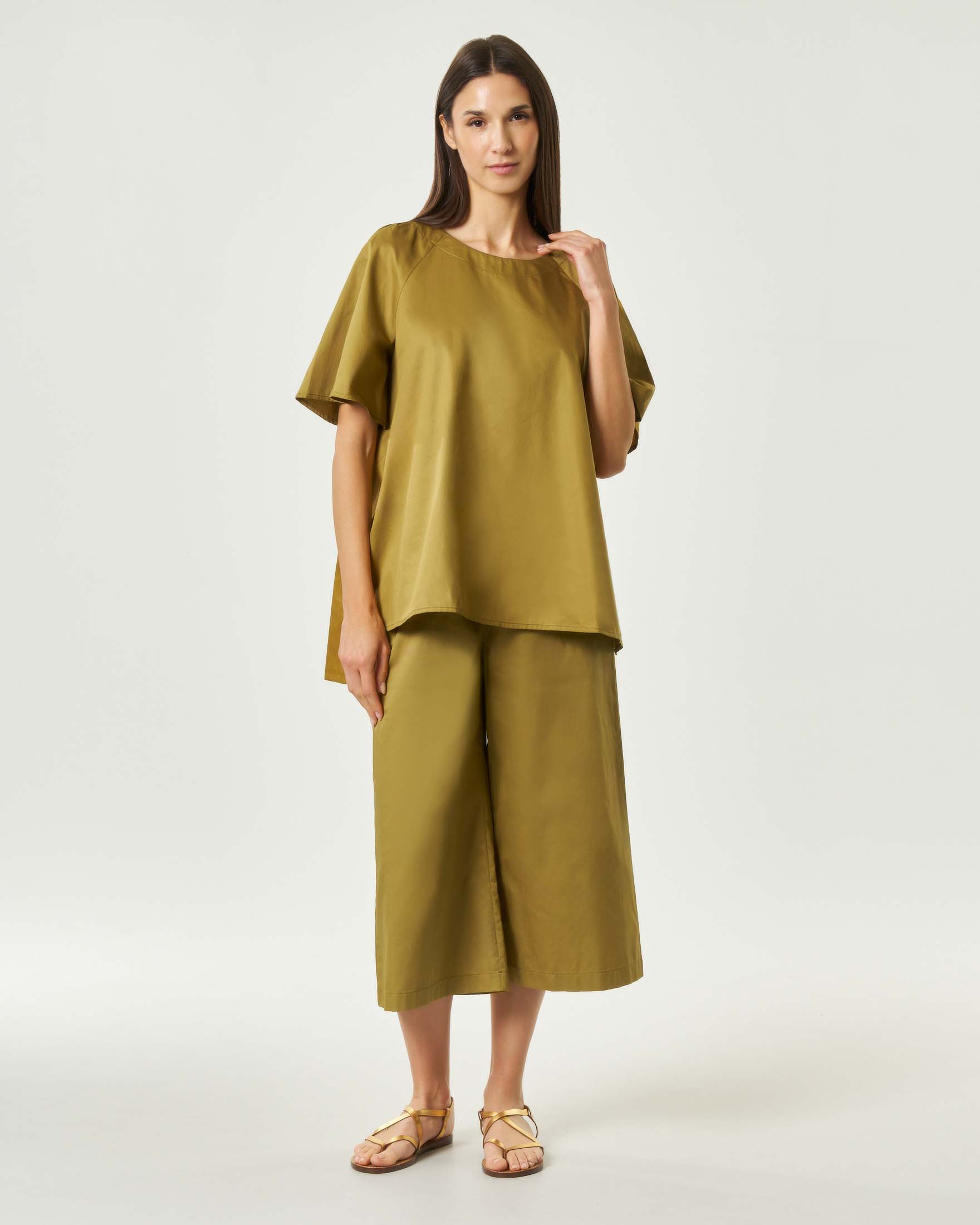 Pantaloni cropped Milla oliva in popeline di puro cotone con vita elasticizzata e tasche oblique