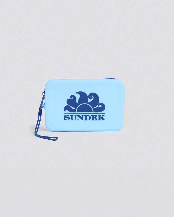Mini pochette Sundek azzurra in gomma con zip e logo in contrato colore