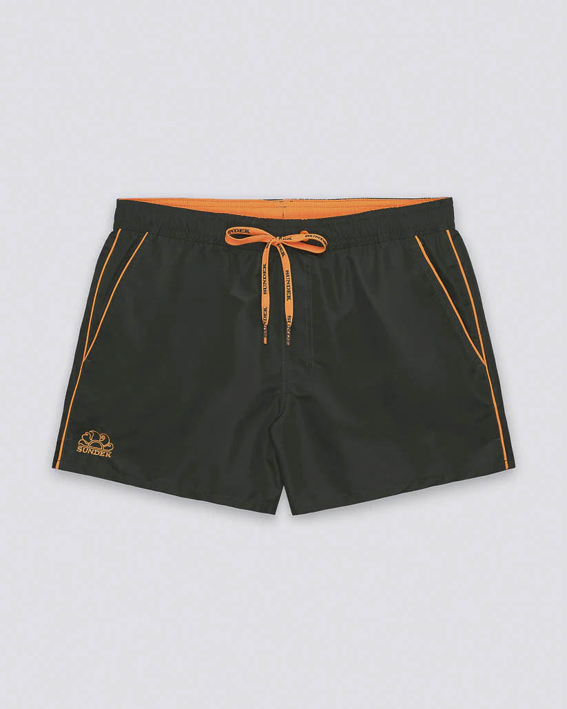Boxer mare corto Sundek verde scuro con piping arancio fluo