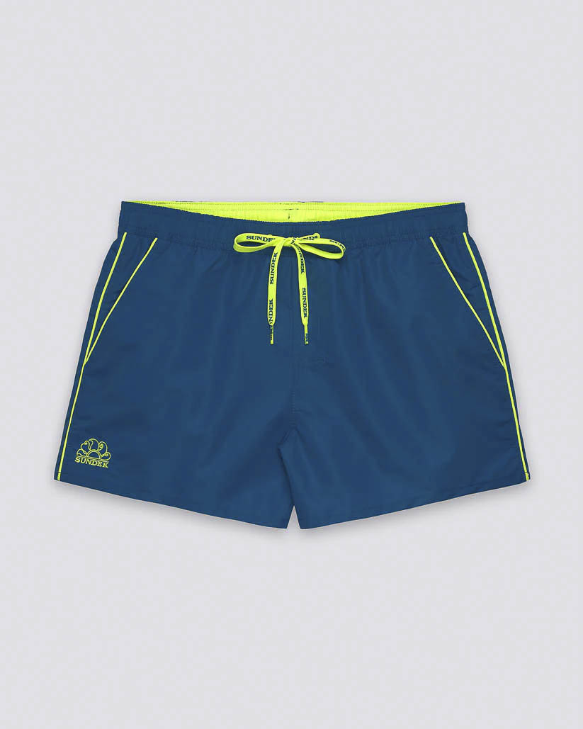Boxer mare corto Sundek blu indaco con piping giallo fluo