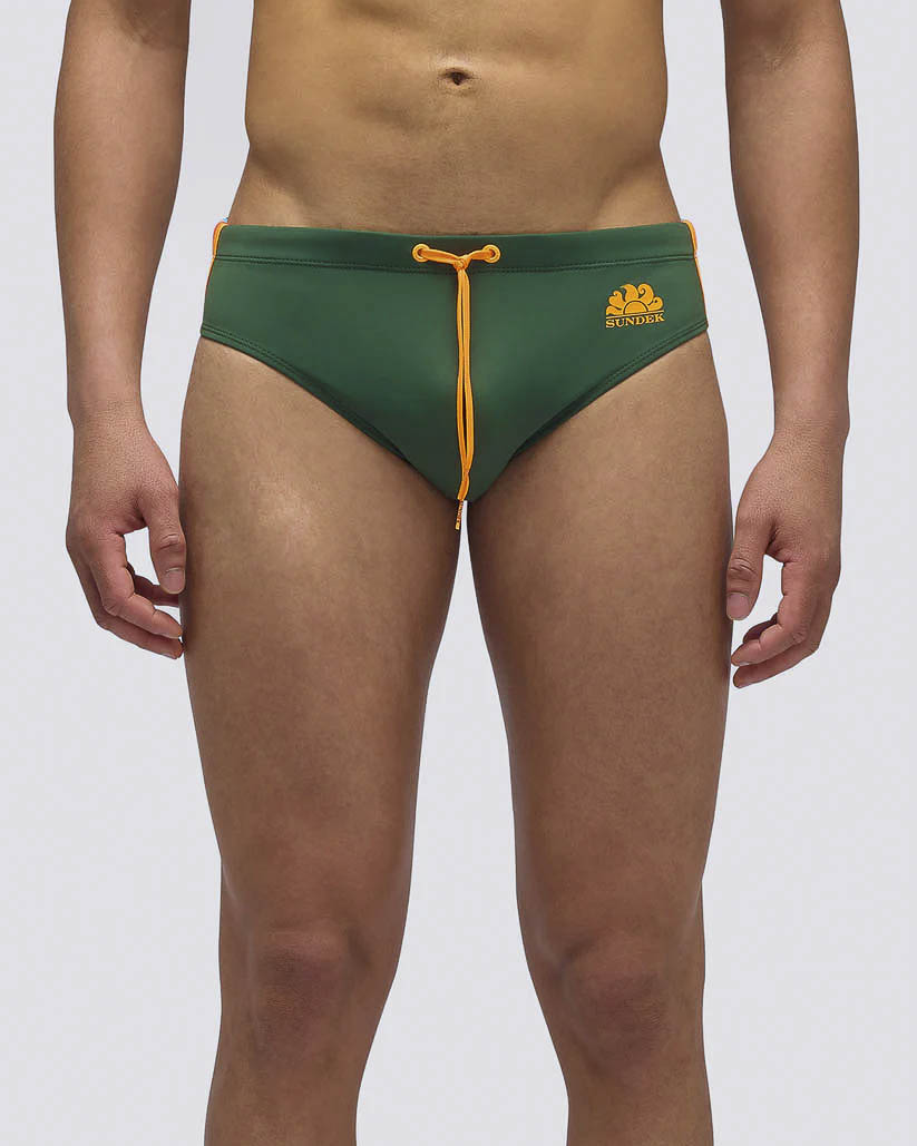 Costume slip Diwalter verde scuro in tessuto tecnico stretch con logo sole arancio fluo