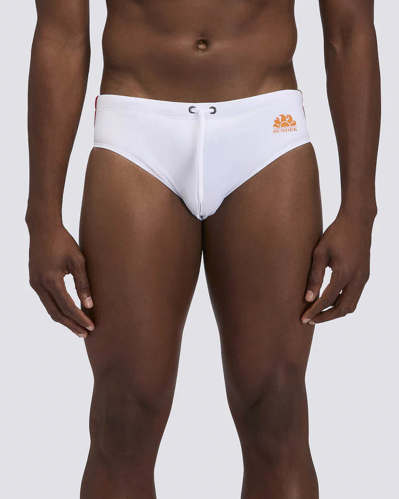 Costume slip Diwalter Sundek bianco in tessuto tecnico stretch con logo sole arancio fluo