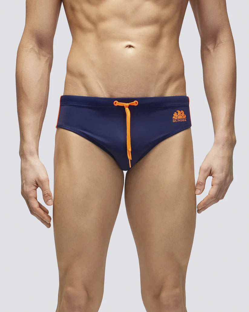 Costume slip Diwalter Sundek blu in tessuto tecnico stretch con logo sole arancio fluo