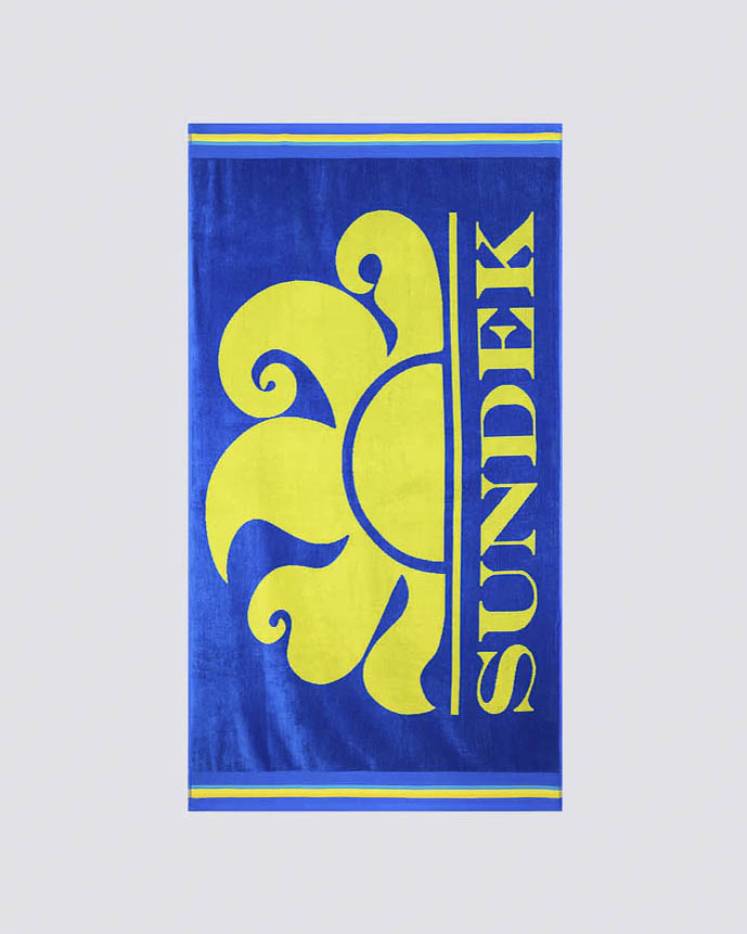 Telo mare blu royal in spugna con logo sole giallo fluo jacquard