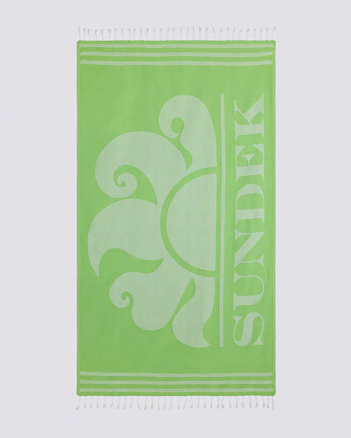 Telo mare verde Sundek con logo sole jacquard dettaglio a righe e frange