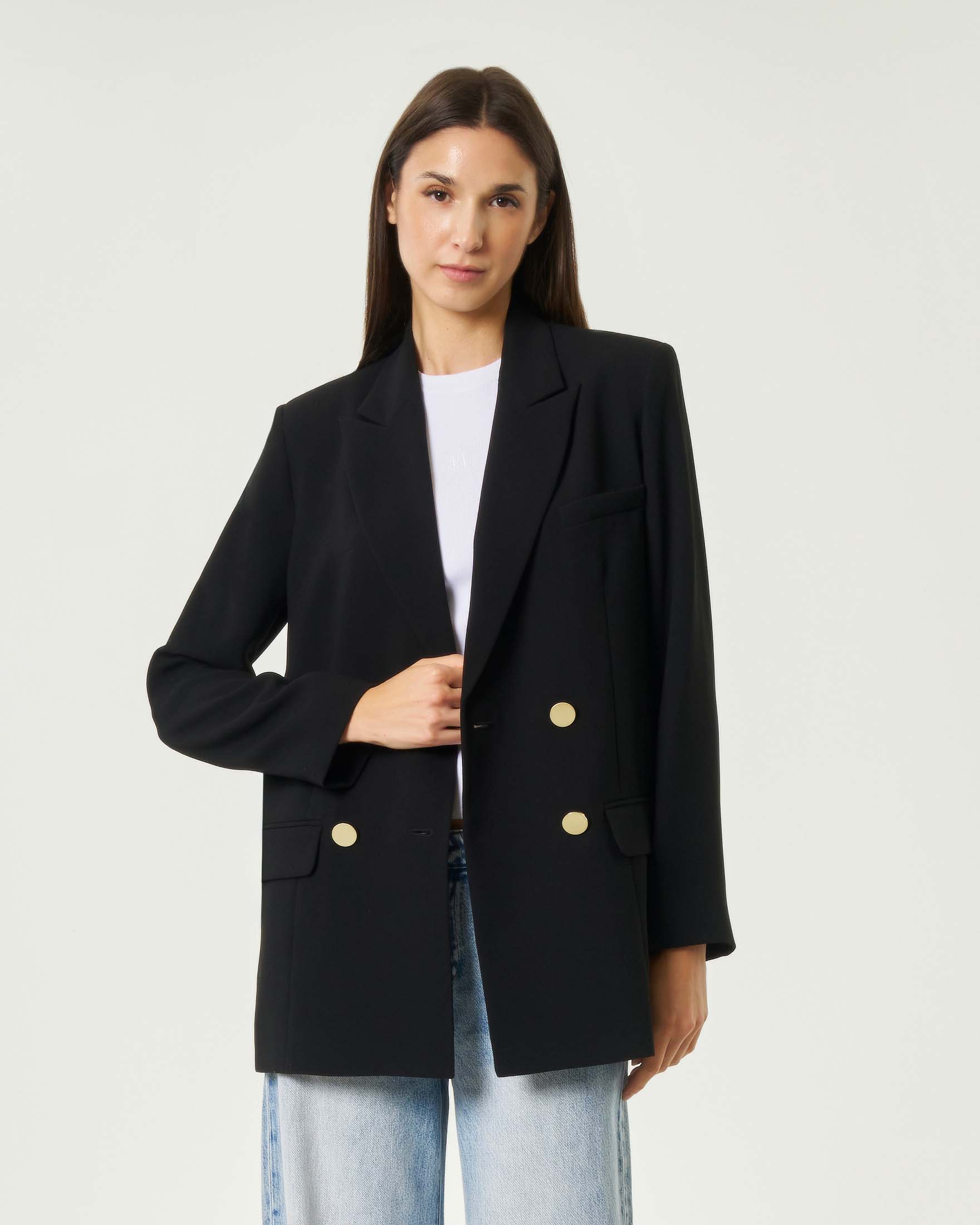Giacca doppiopetto Exchange nera oversize con bottoni dorati e tasche con patta