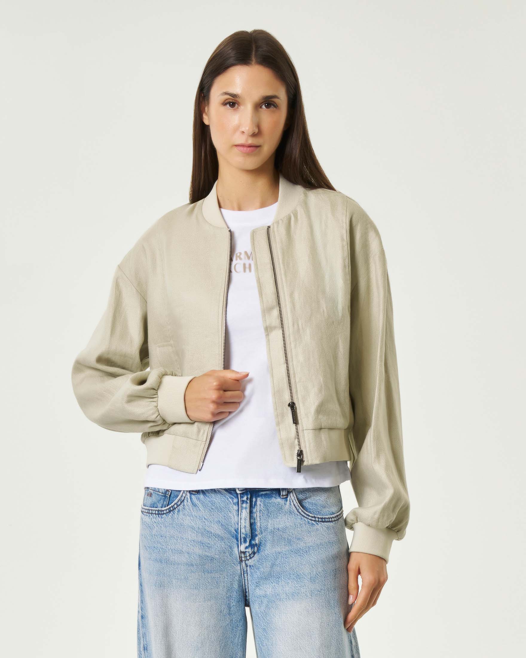 Giacca bomber Armani Exchange beige in puro lino con chiusura zip