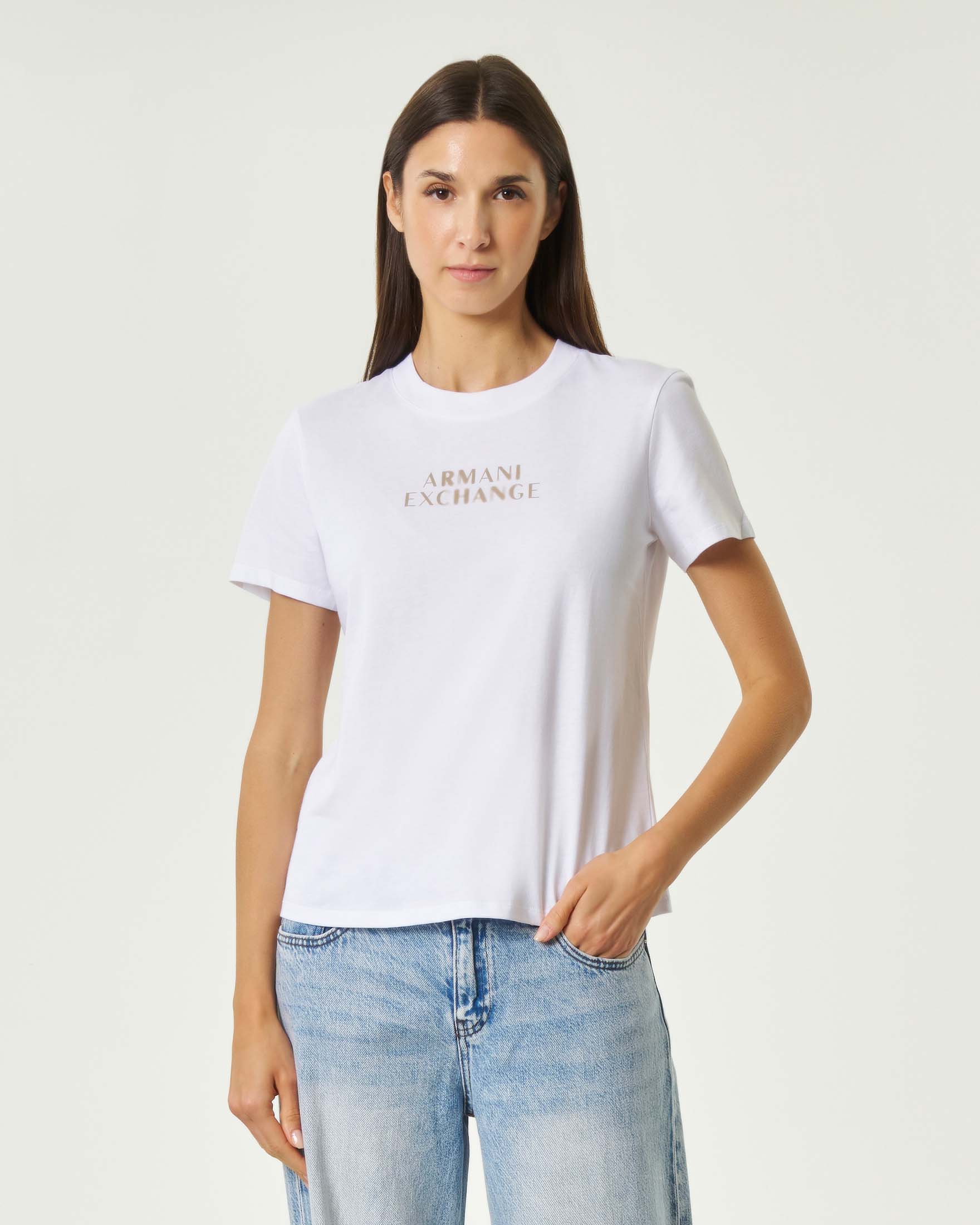 T-shirt girocollo Armani Exchange bianca in misto viscosa con maniche corte e lettering logo dorato
