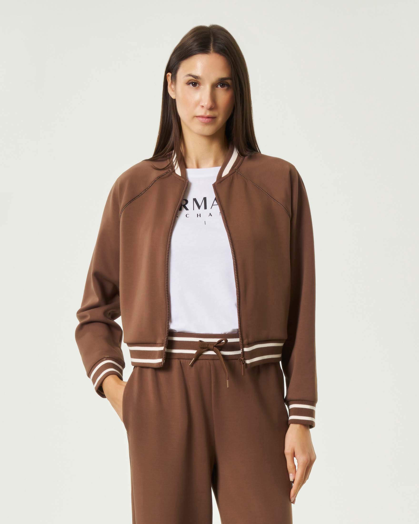 Felpa bomber Exchange marrone in misto viscosa con bordi a righe bianche
