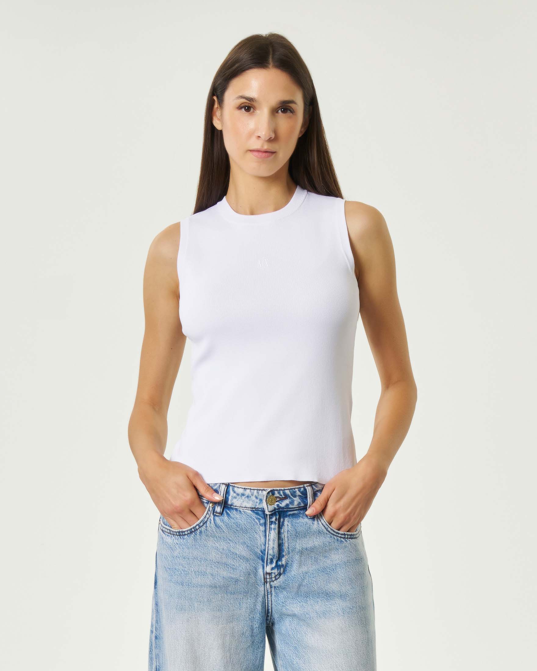Top senza maniche Exchange bianco in puro cotone con piccolo logo ricamato