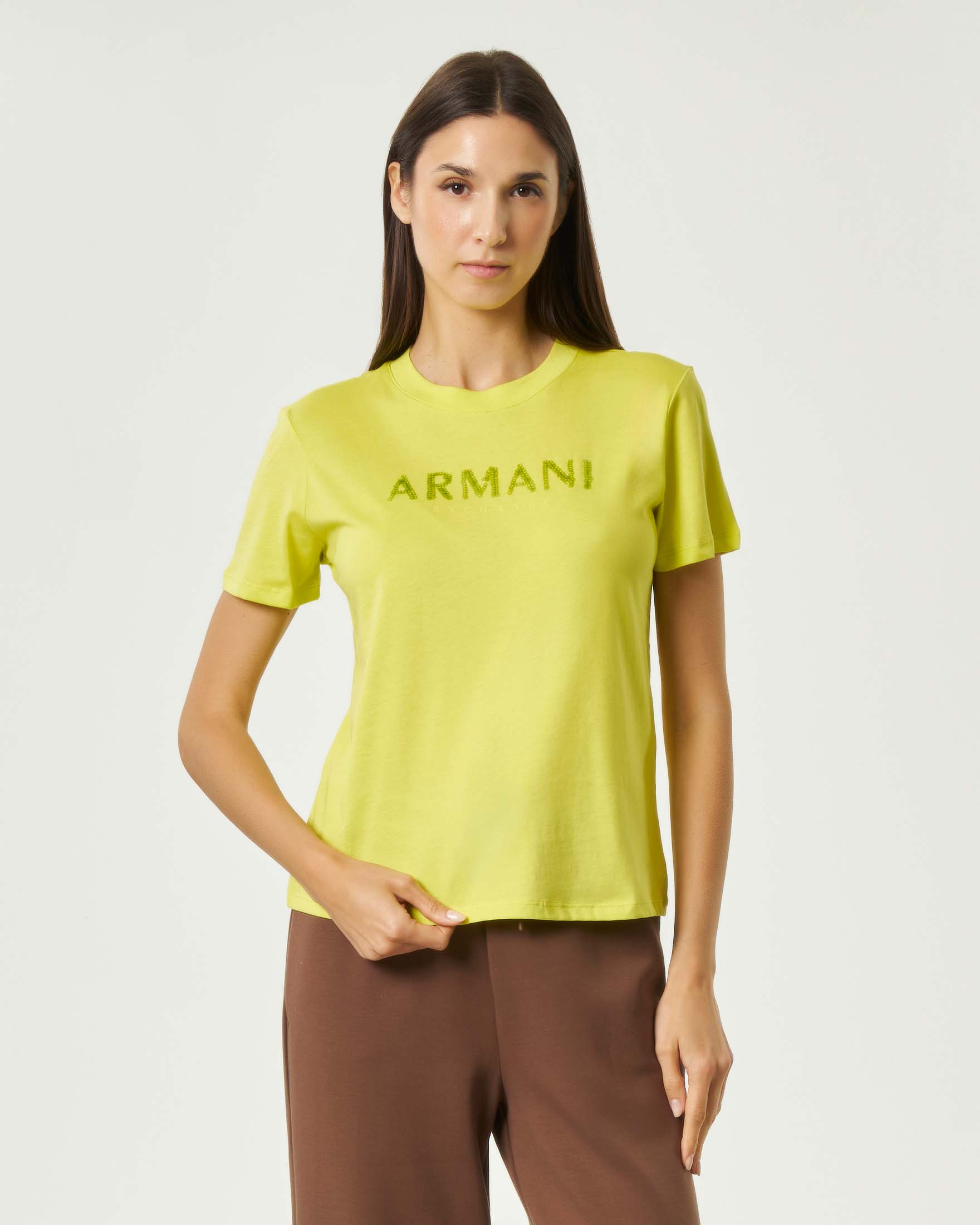 T-shirt girocollo Armani Exchange color lime in puro cotone con logo in paillettes e maniche corte