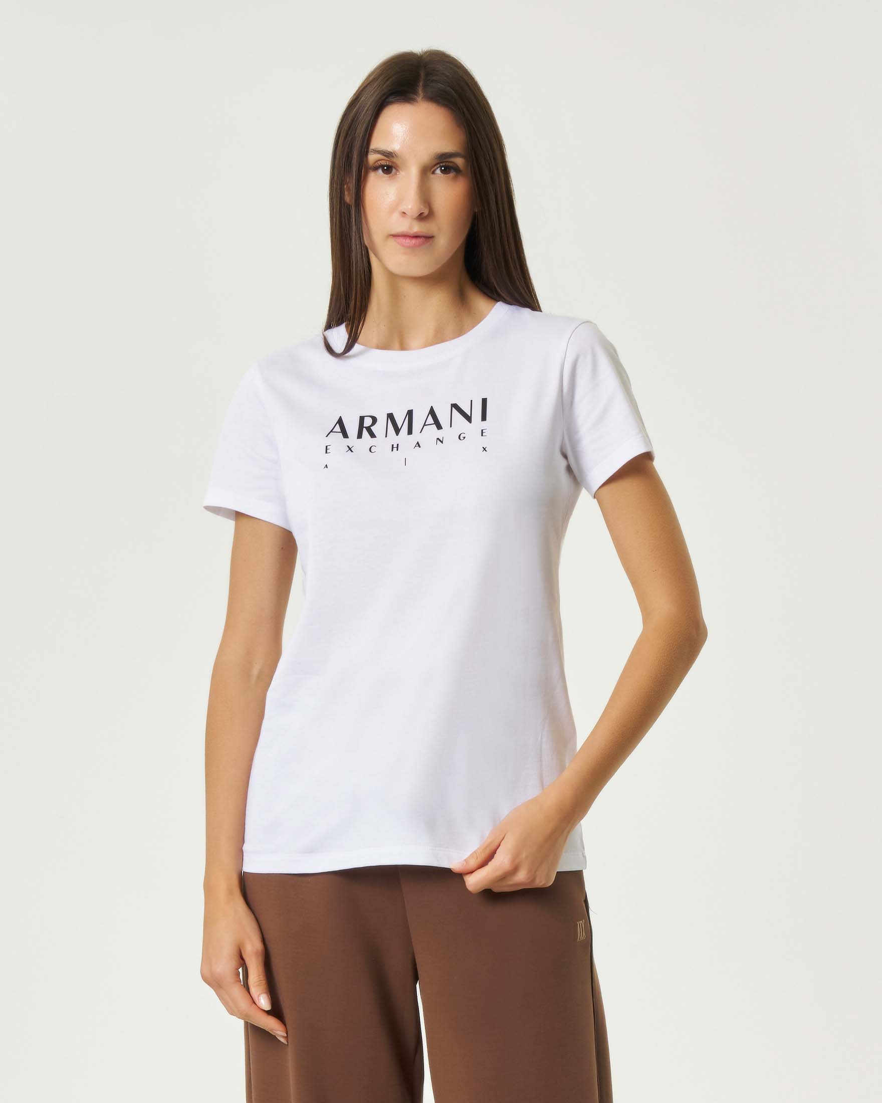 T-shirt girocollo Armani Exchange bianca in puro cotone con lettering logo nero e maniche corte