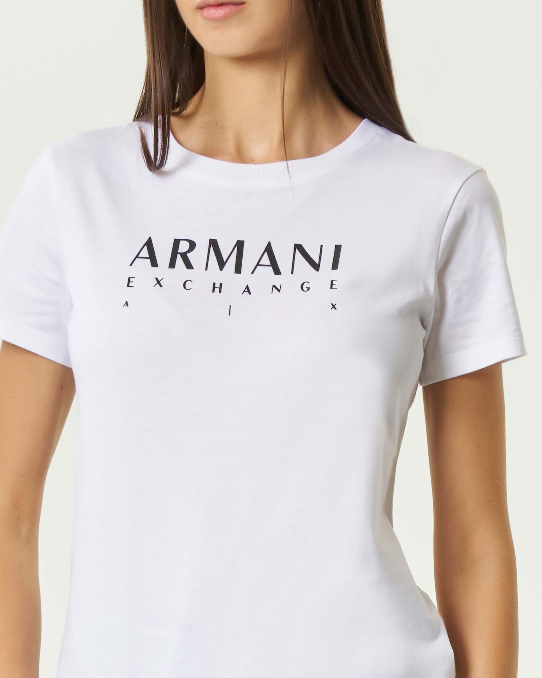 T-shirt girocollo Armani Exchange bianca in puro cotone con lettering logo nero e maniche corte image