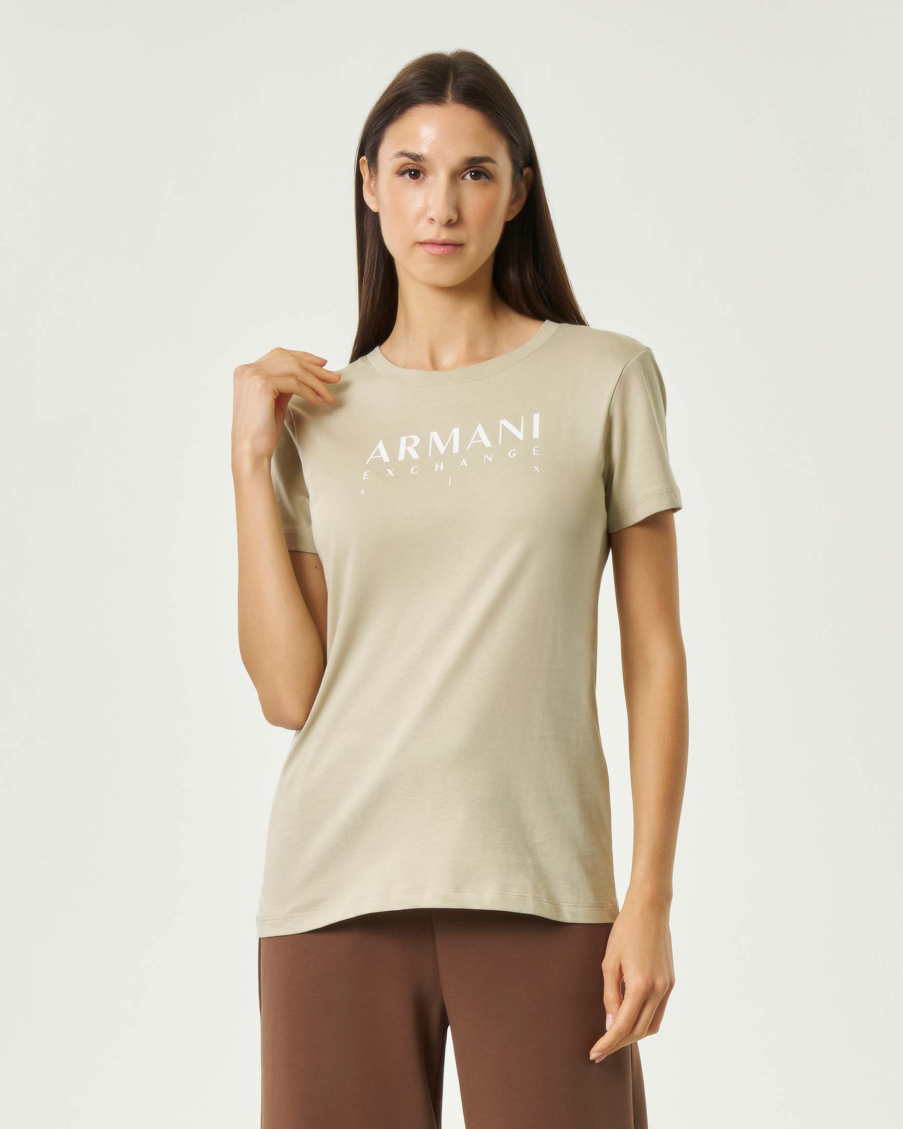 T-shirt girocollo Armani Exchange beige in puro cotone con lettering logo bianco e maniche corte