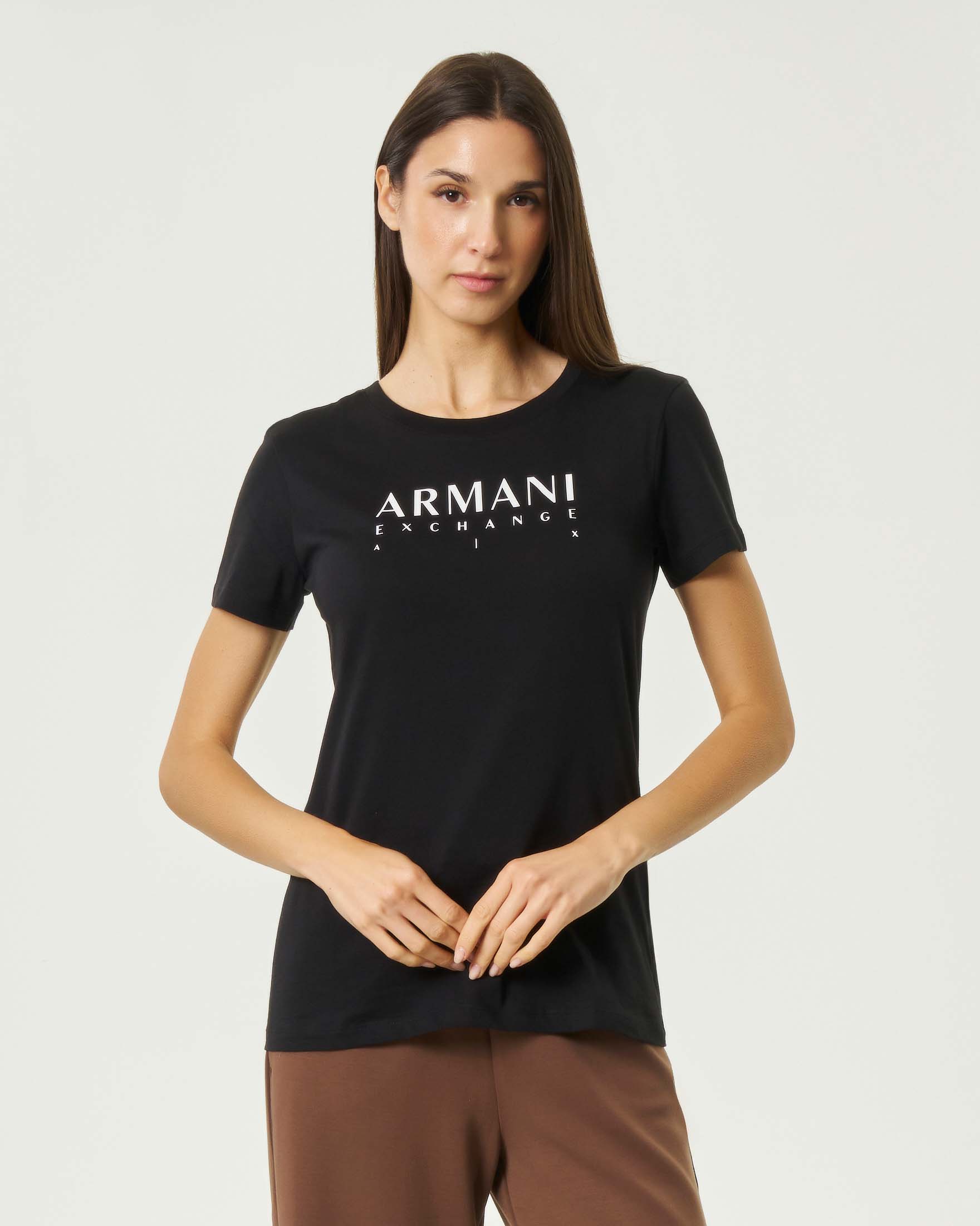 T-shirt girocollo Exchange nera in puro cotone con lettering logo bianco e maniche corte