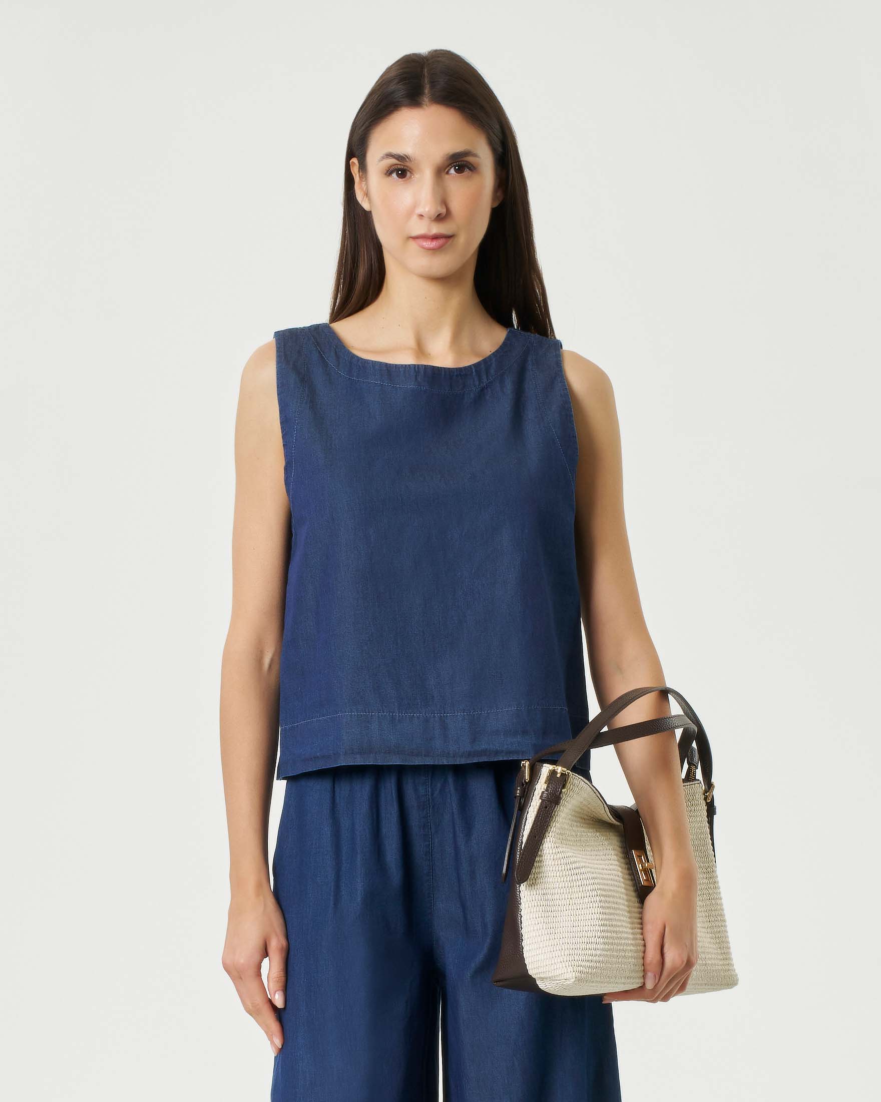 Top blu denim in chambray di cotone con zip sul retro