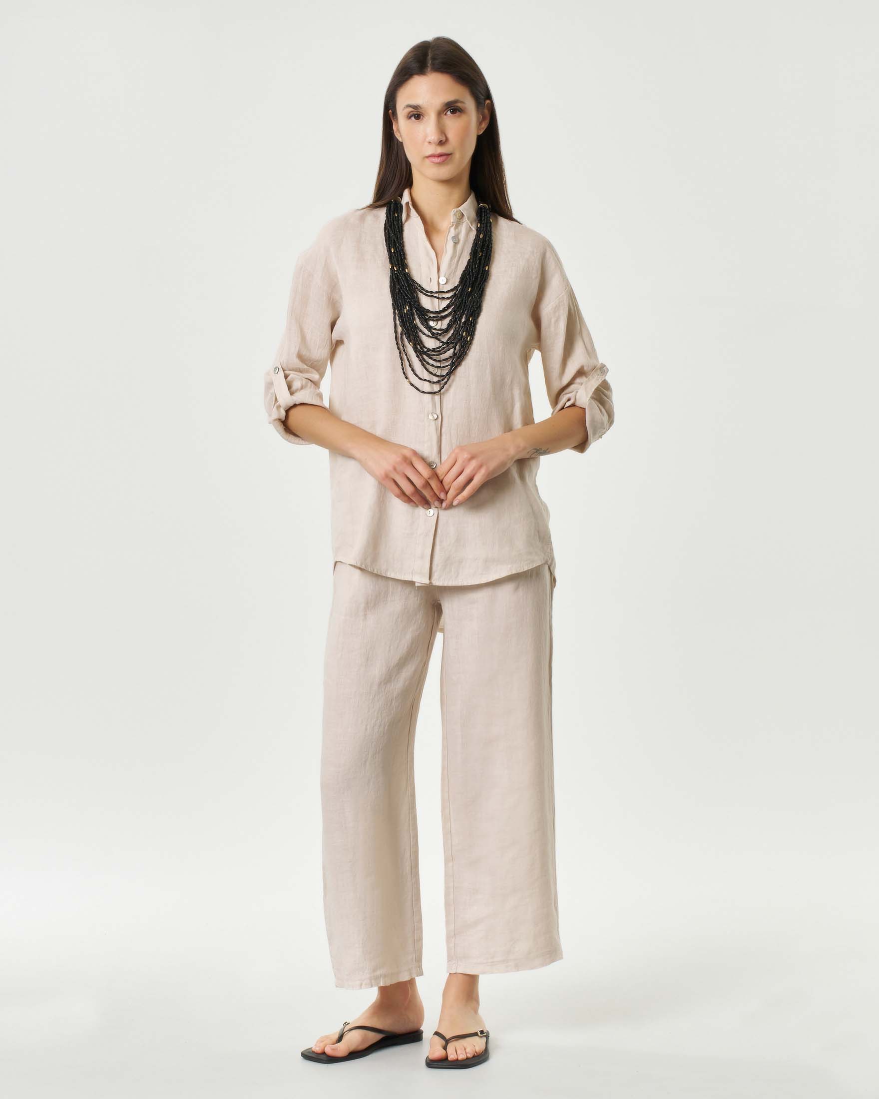 Pantaloni cropped Hlo! beige in puro lino con pince e tasche laterali