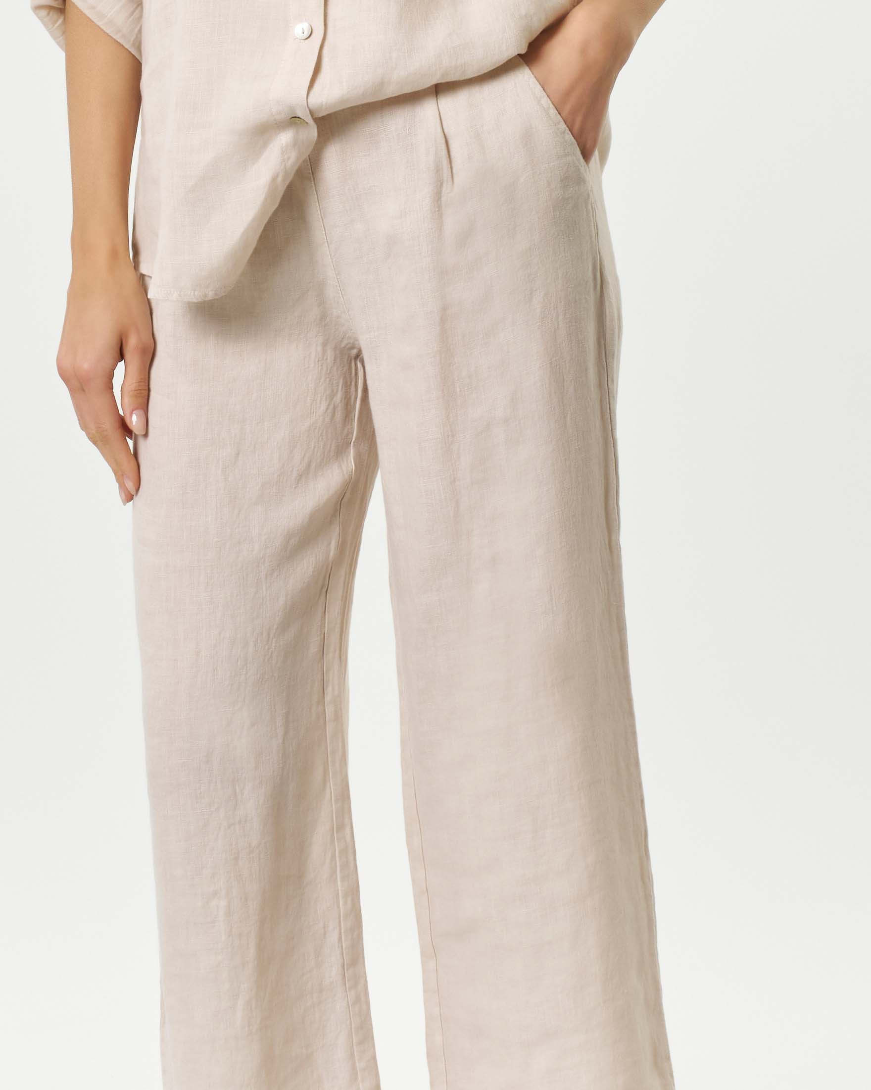 Pantaloni cropped Hlo! beige in puro lino con pince e tasche laterali image