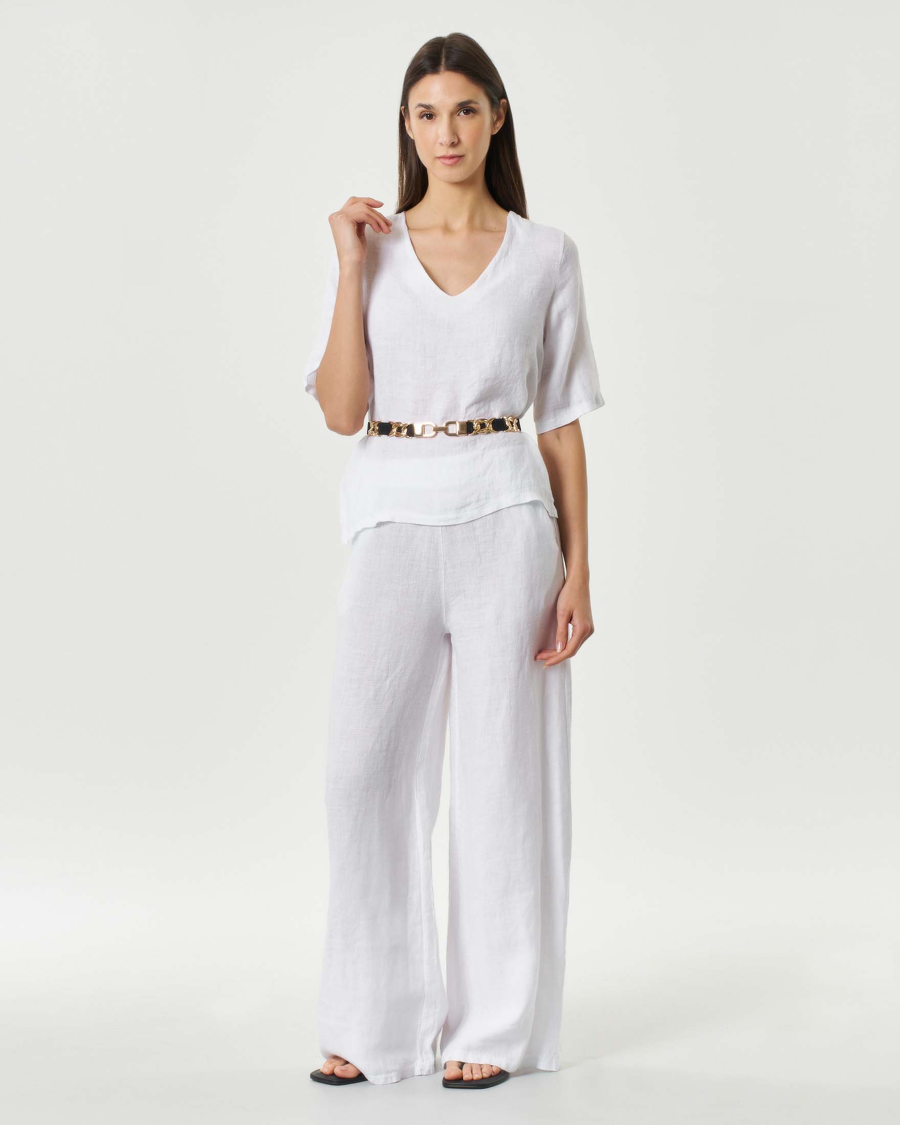 Pantaloni palazzo bianchi in puro lino con vita elasticizzata e tasche laterali