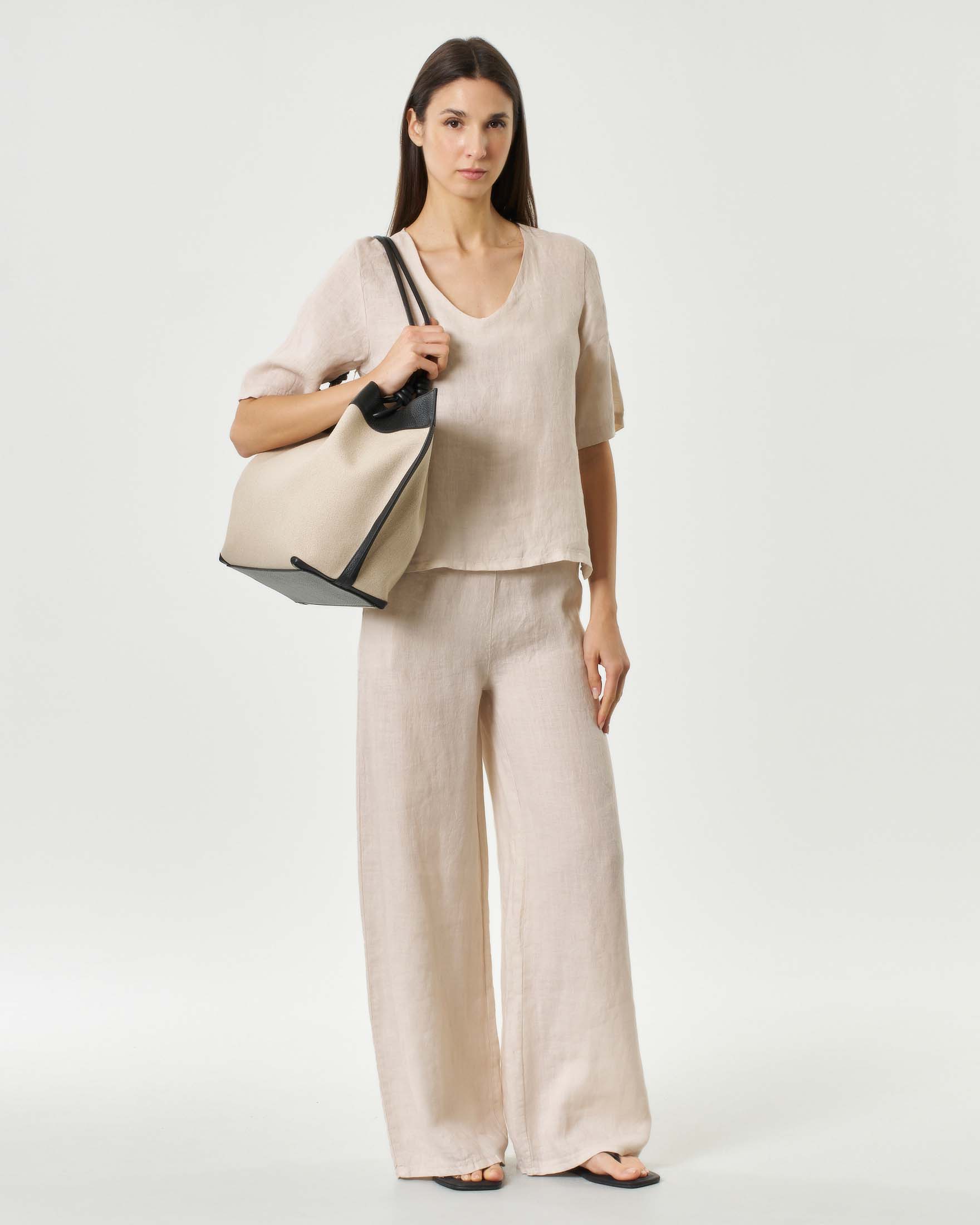 Pantaloni palazzo Hlo! beige in puro lino con vita elasticizzata e tasche laterali